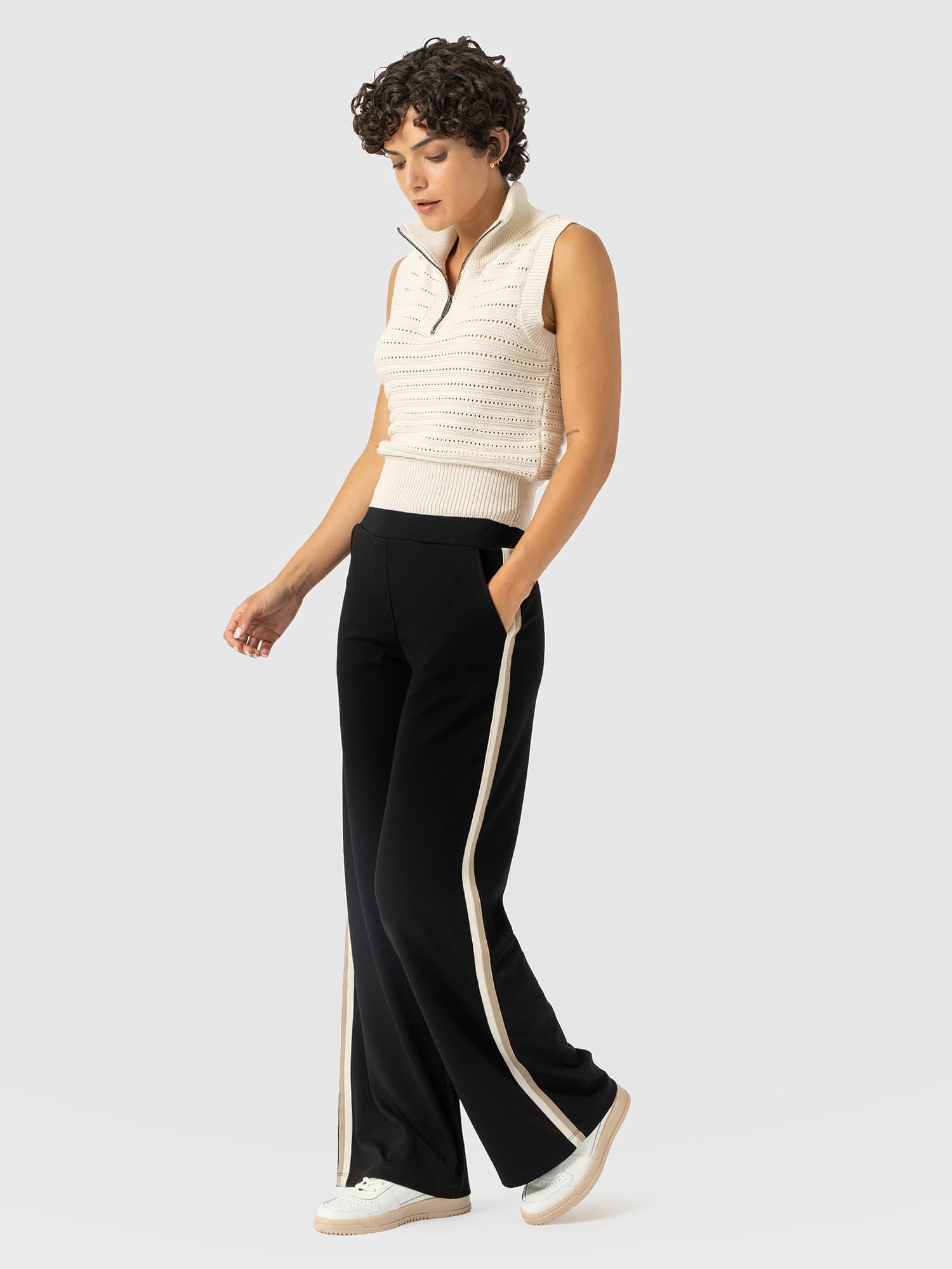 Hoxton Straight Leg Pant - Black - Cream/Beige Stripe - Women's Trousers | Saint and Sofia® UK
