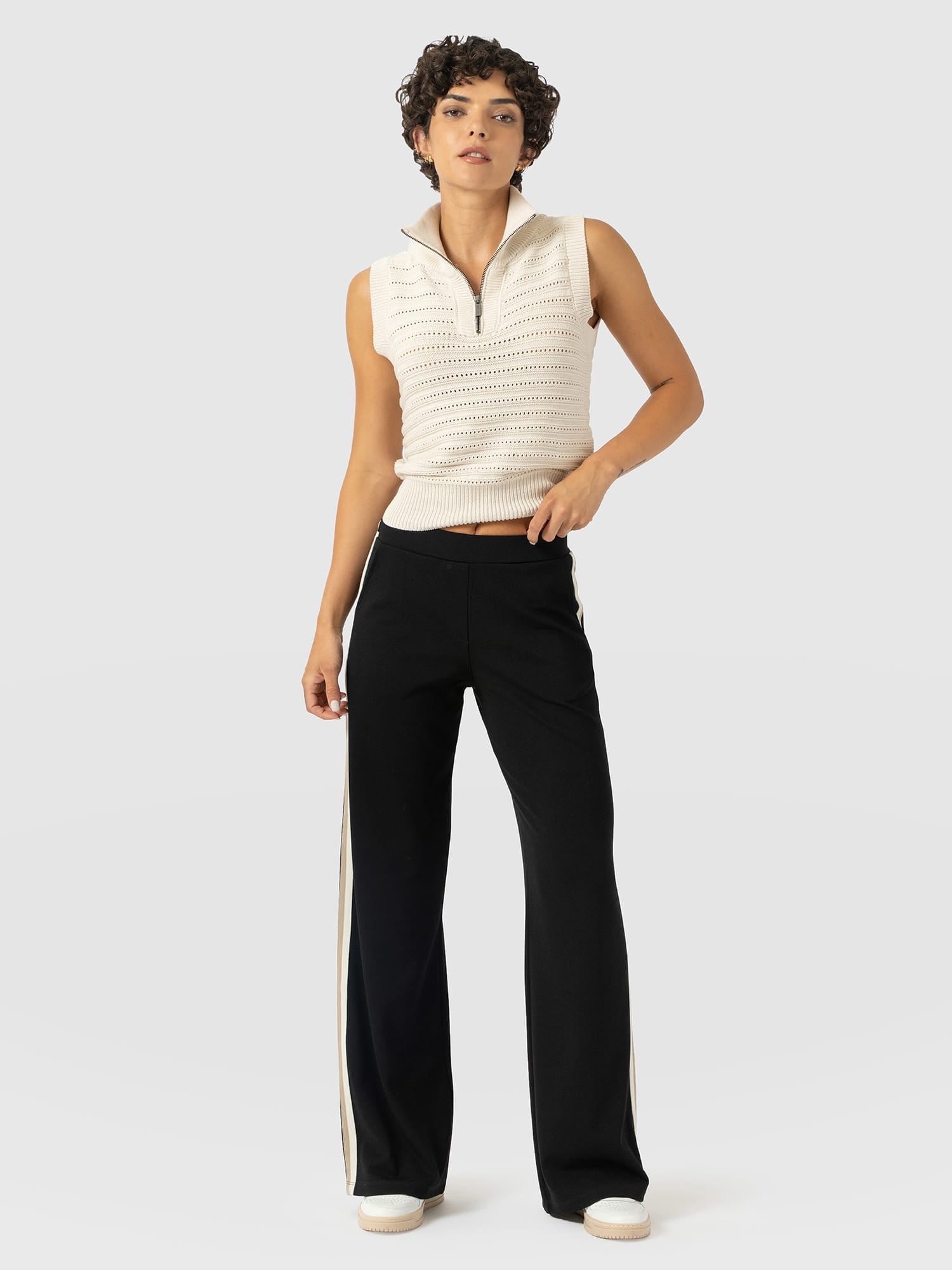 Hoxton Straight Leg Pant - Black - Cream/Beige Stripe - Women's Trousers | Saint and Sofia® UK