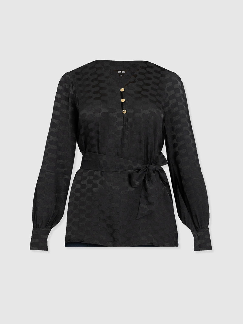 Joselyn V Neck Blouse - Black Jacquard - Women's Blouses | Saint + Sofia® UK