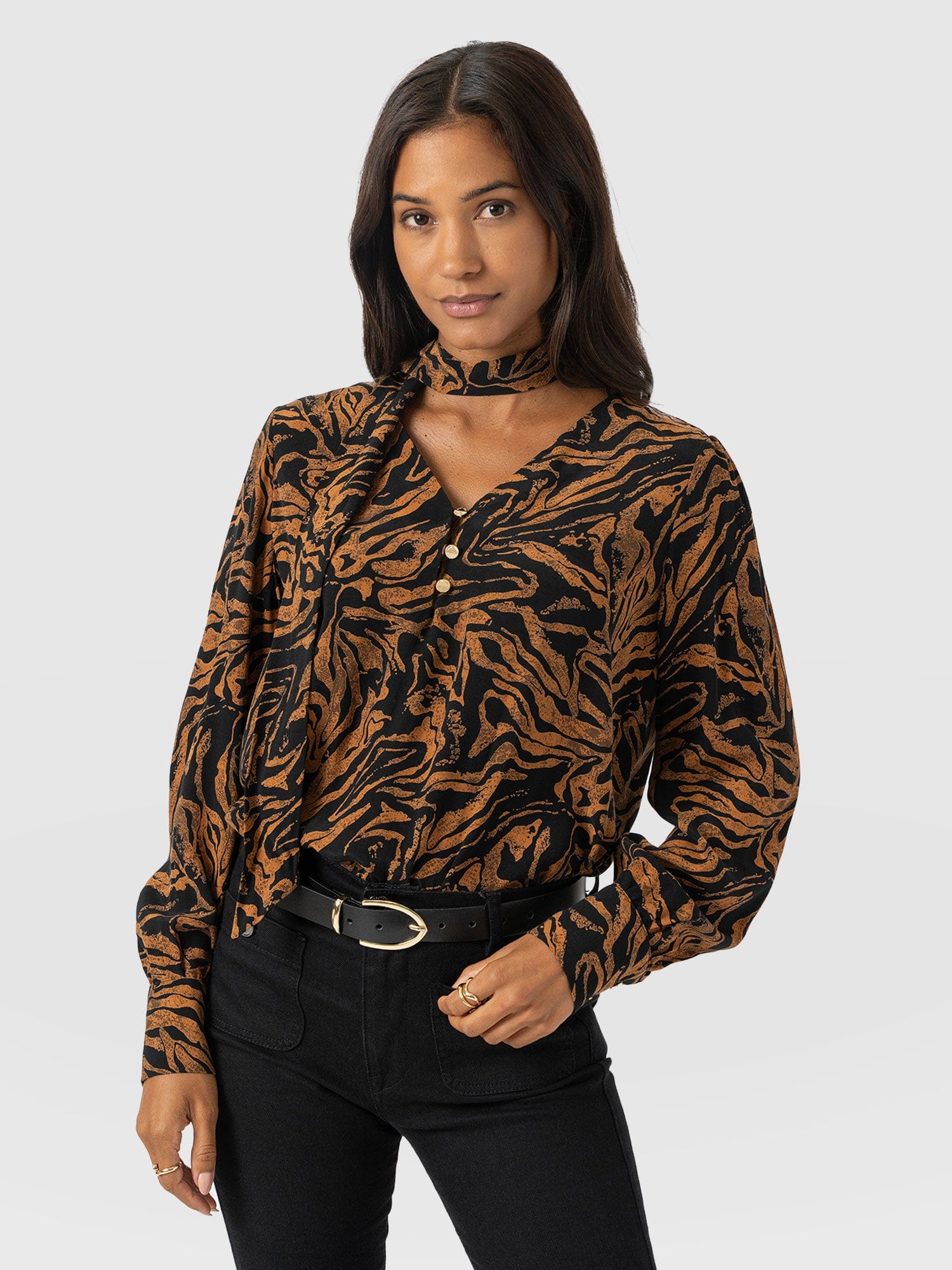Joselyn V Neck Blouse - Brown Zebra - Women's Blouses | Saint + Sofia® UK