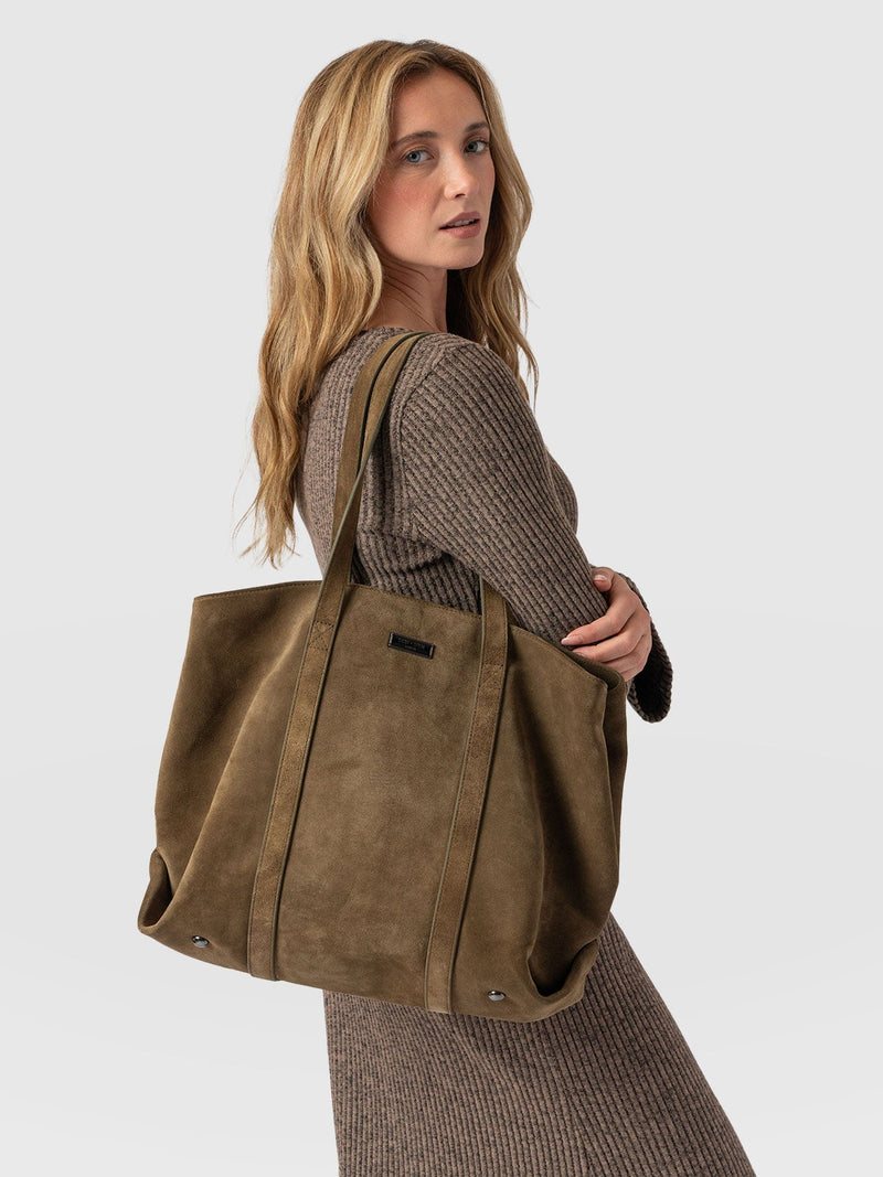 Kara Shopper Bag Khaki Suede - Women's Bags | Saint + Sofia® UK