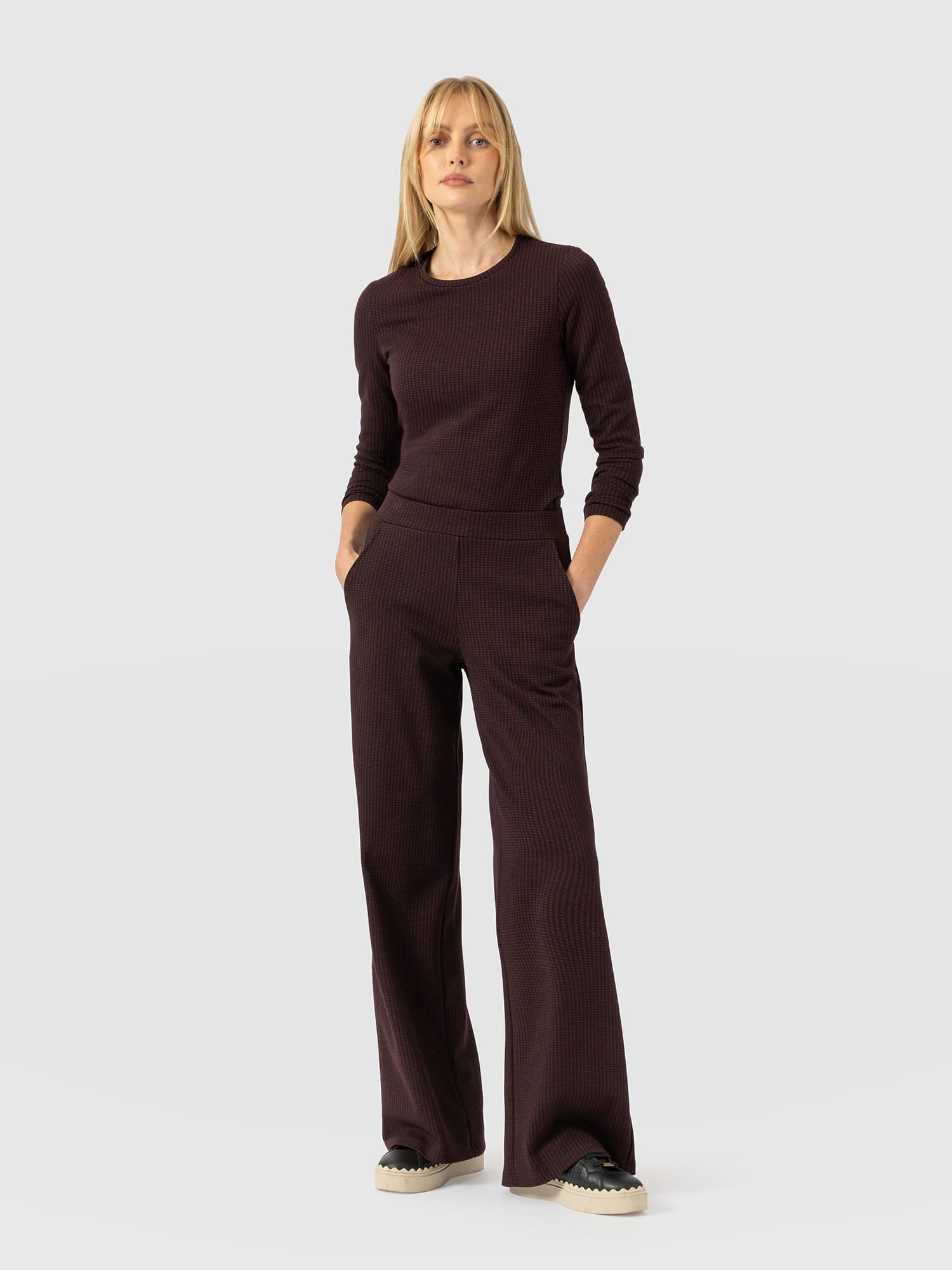 Keller Wide Leg Pant - Burgundy Boucle - Women's Trousers | Saint and Sofia® UK