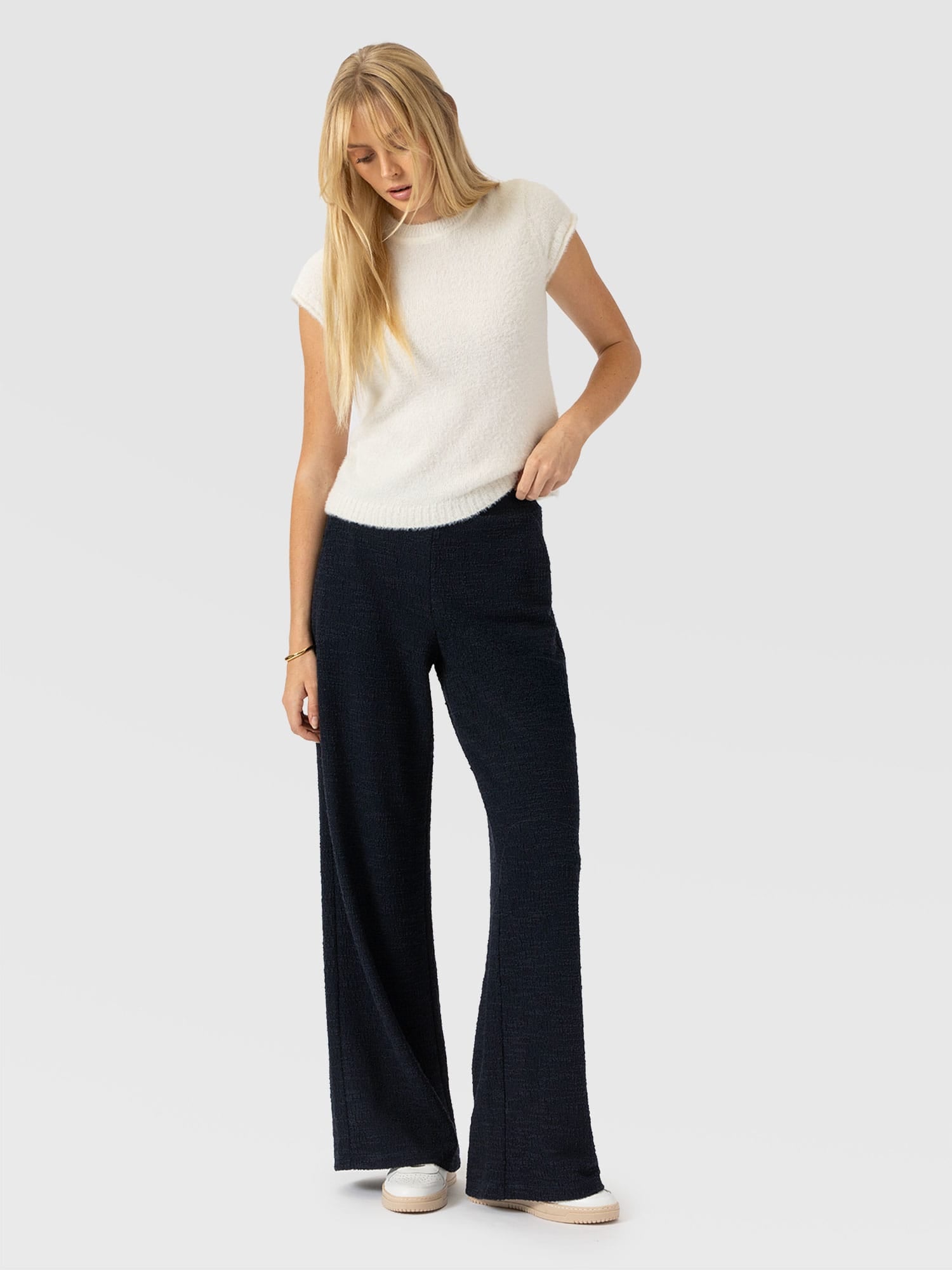 Keller Wide Leg Pant - Navy Boucle - Women's Trousers | Saint and Sofia® UK