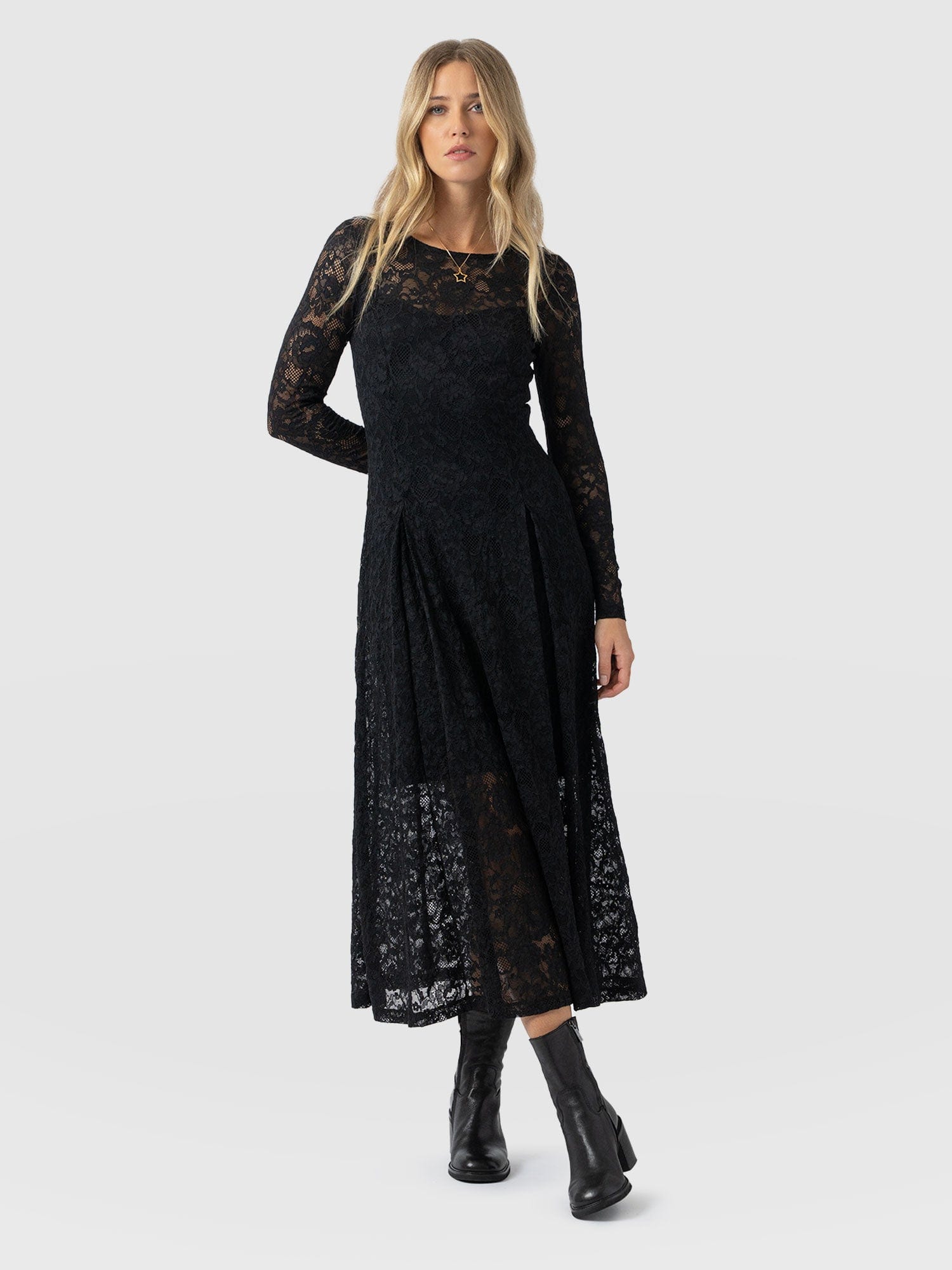Lana Pleated Dress - Black Lace - Women's Dresses | Saint and Sofia® UK