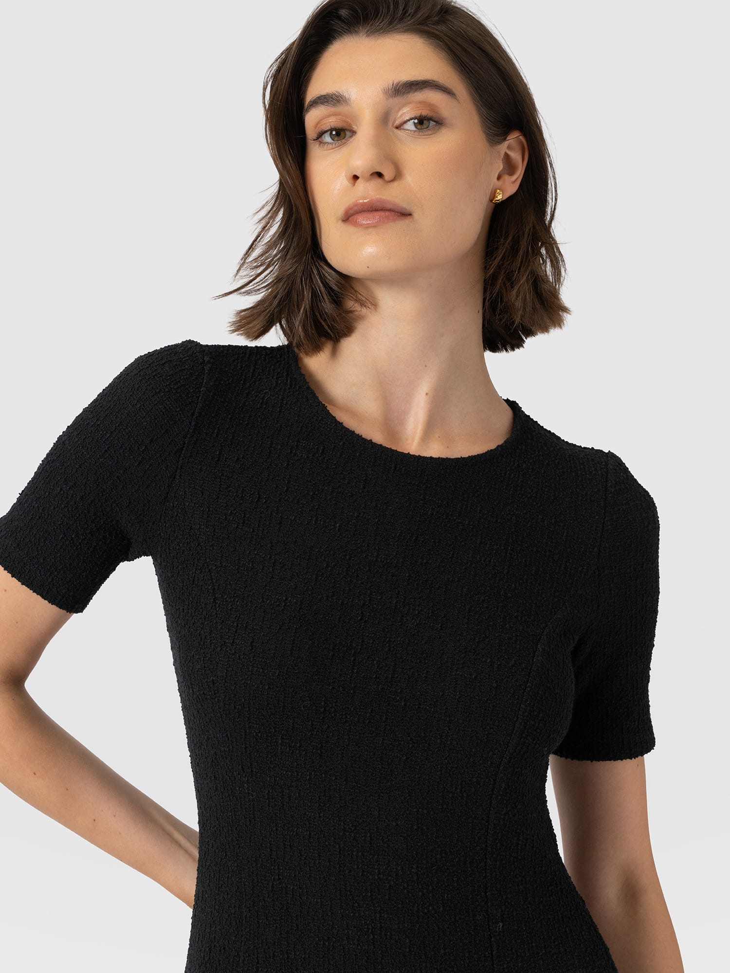 Lana Pleated Short Sleeve Dress - Black Boucle - Women's Dresses | Saint and Sofia® UK