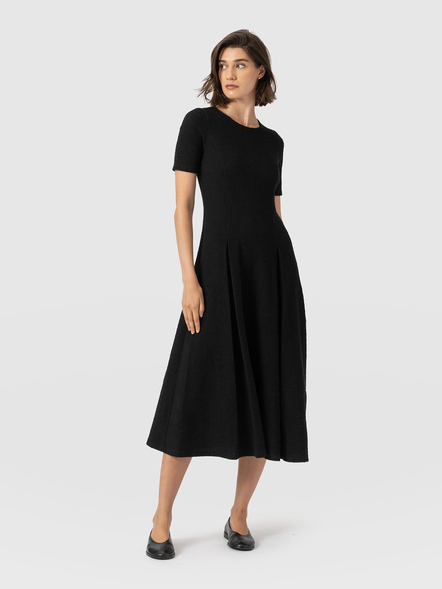 Lana Pleated Short Sleeve Dress - Black Boucle - Women's Dresses | Saint and Sofia® UK