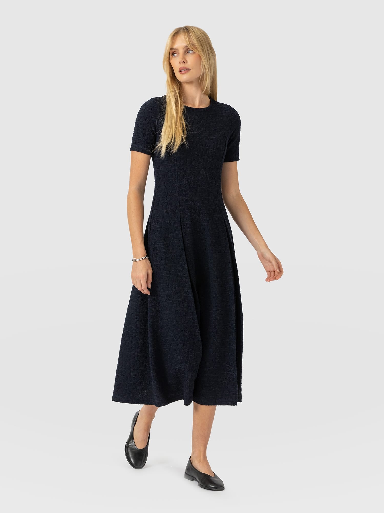 Lana Pleated Short Sleeve Dress - Navy Boucle - Women's Dresses | Saint and Sofia® UK