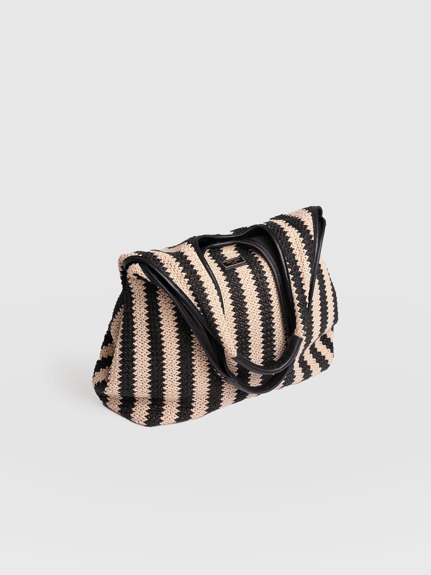 Large Stella Shoulder Tote Bag - Beige/Black Raffia