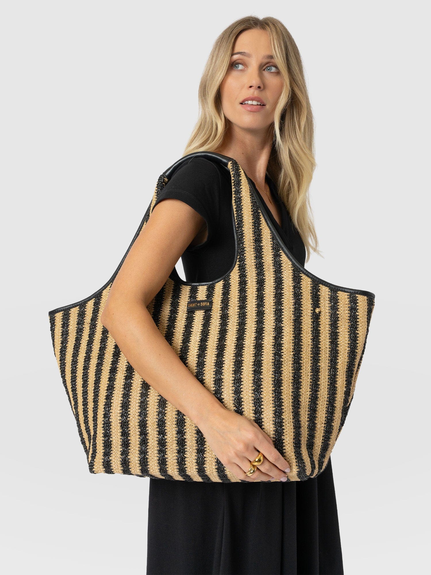 Large Stella Shoulder Tote Bag - Black Raffia - Women's Handbags | Saint + Sofia® UK
