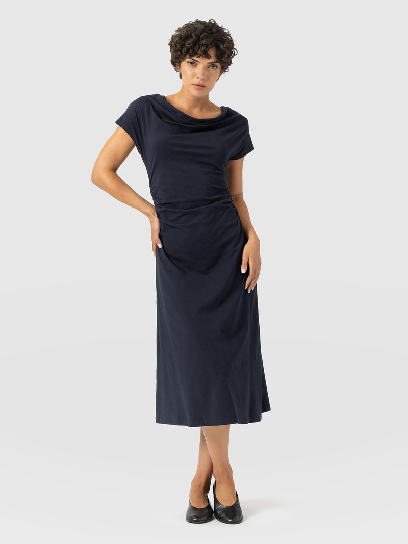 Laurie Cowl Neck Dress - Navy - Women's Dresses | Saint and Sofia® UK