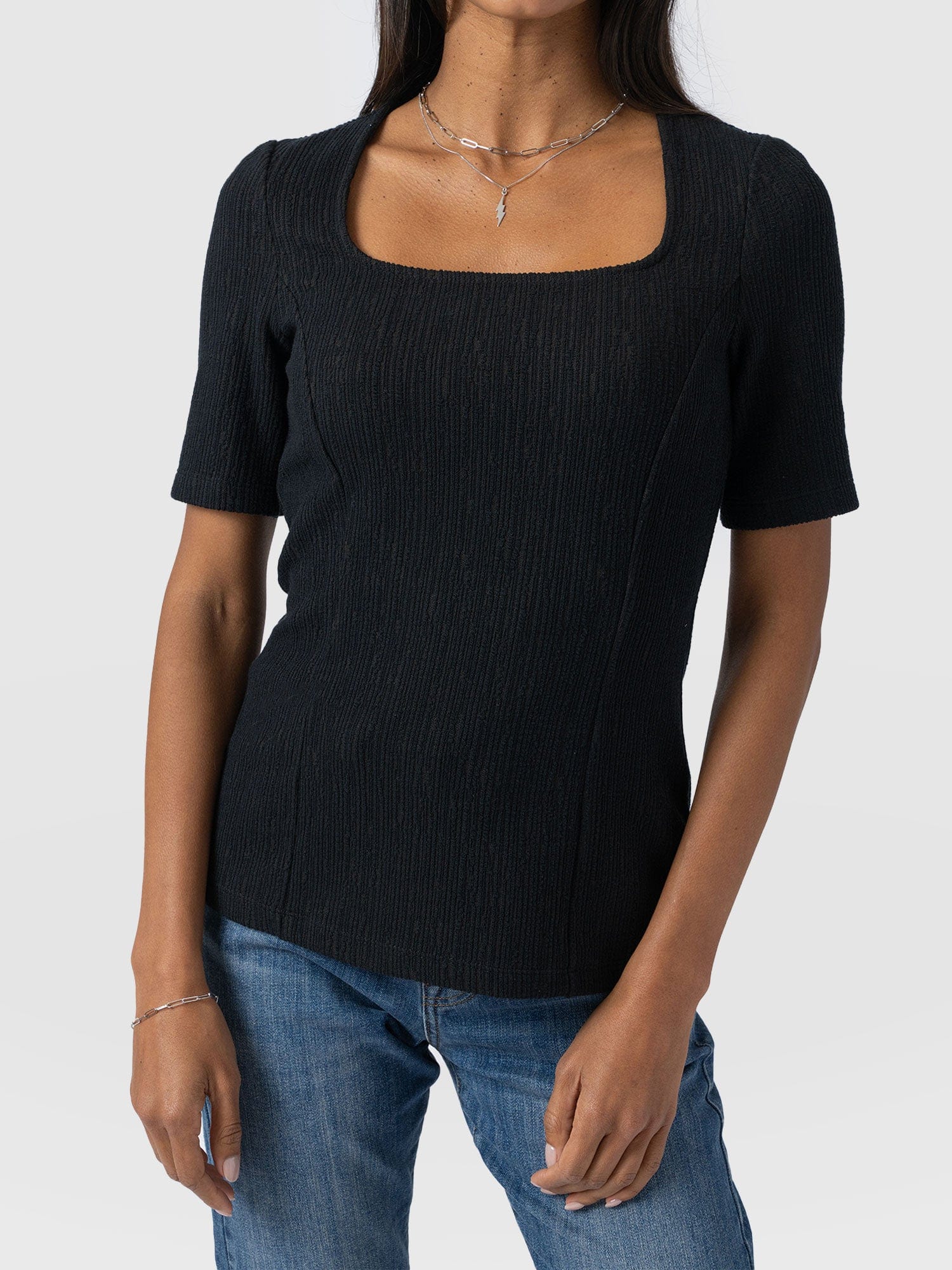 Akia Short Sleeve Tee - Black Textured - Women's T-Shirts | Saint and Sofia® UK