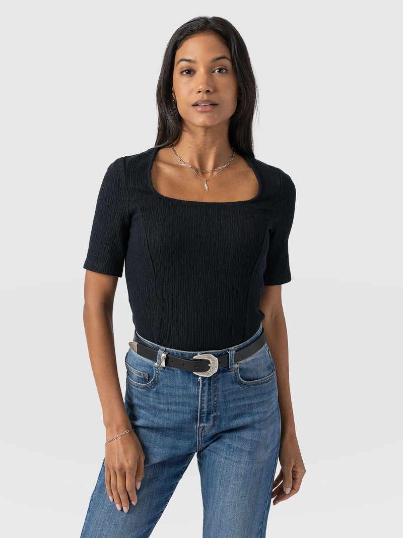 Akia Short Sleeve Tee - Black Textured - Women's T-Shirts | Saint and Sofia® UK