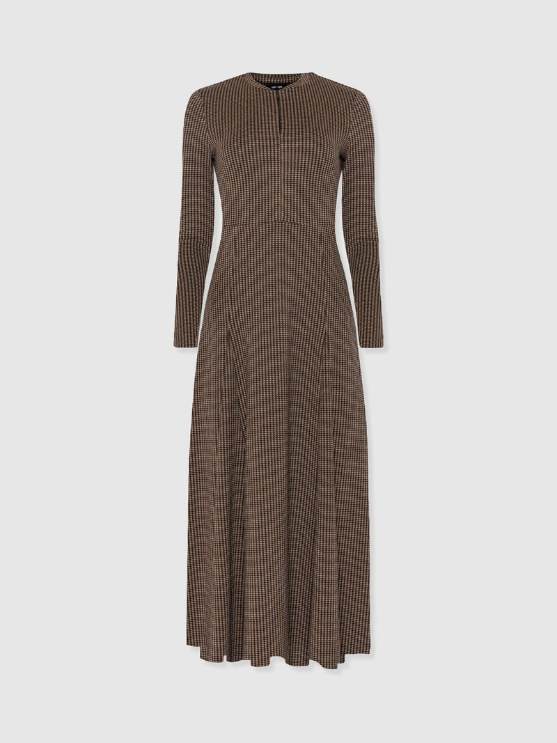 Macie Zip Up Dress - Brown Mini Houndstooth