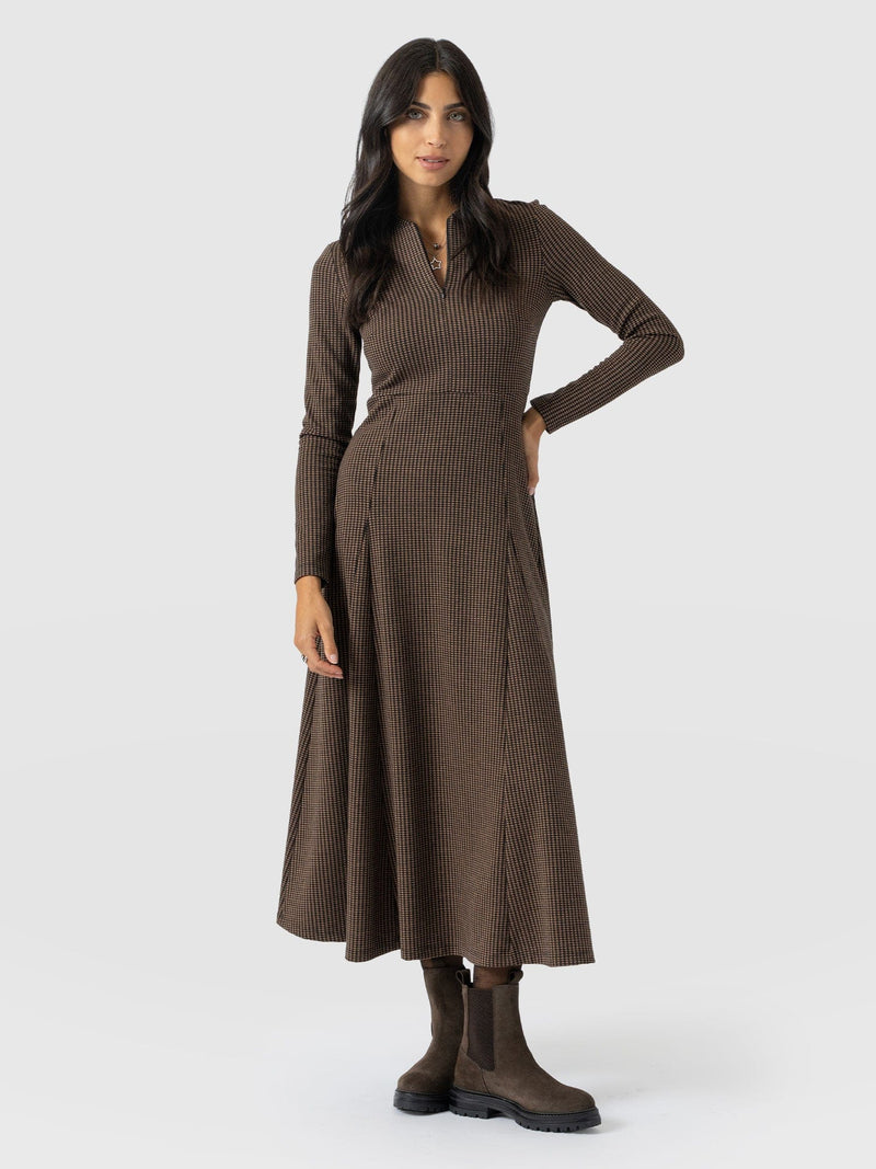 Macie Zip Up Dress - Brown Mini Houndstooth - Women's Dresses | Saint + Sofia® UK