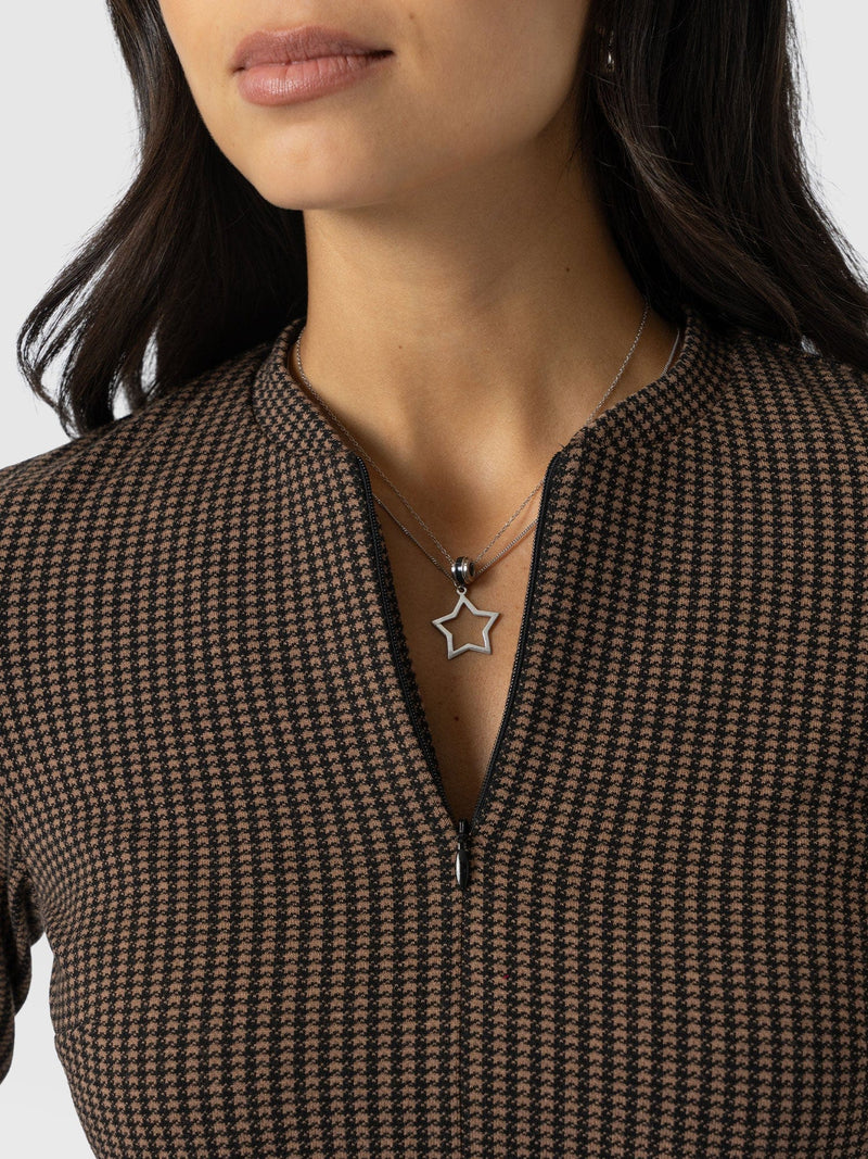 Macie Zip Up Dress - Brown Mini Houndstooth - Women's Dresses | Saint + Sofia® UK