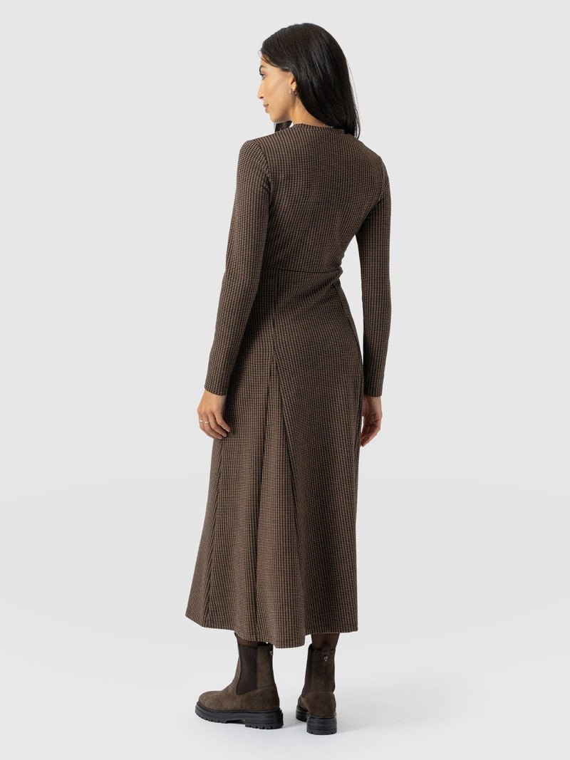 Macie Zip Up Dress - Brown Mini Houndstooth - Women's Dresses | Saint + Sofia® UK