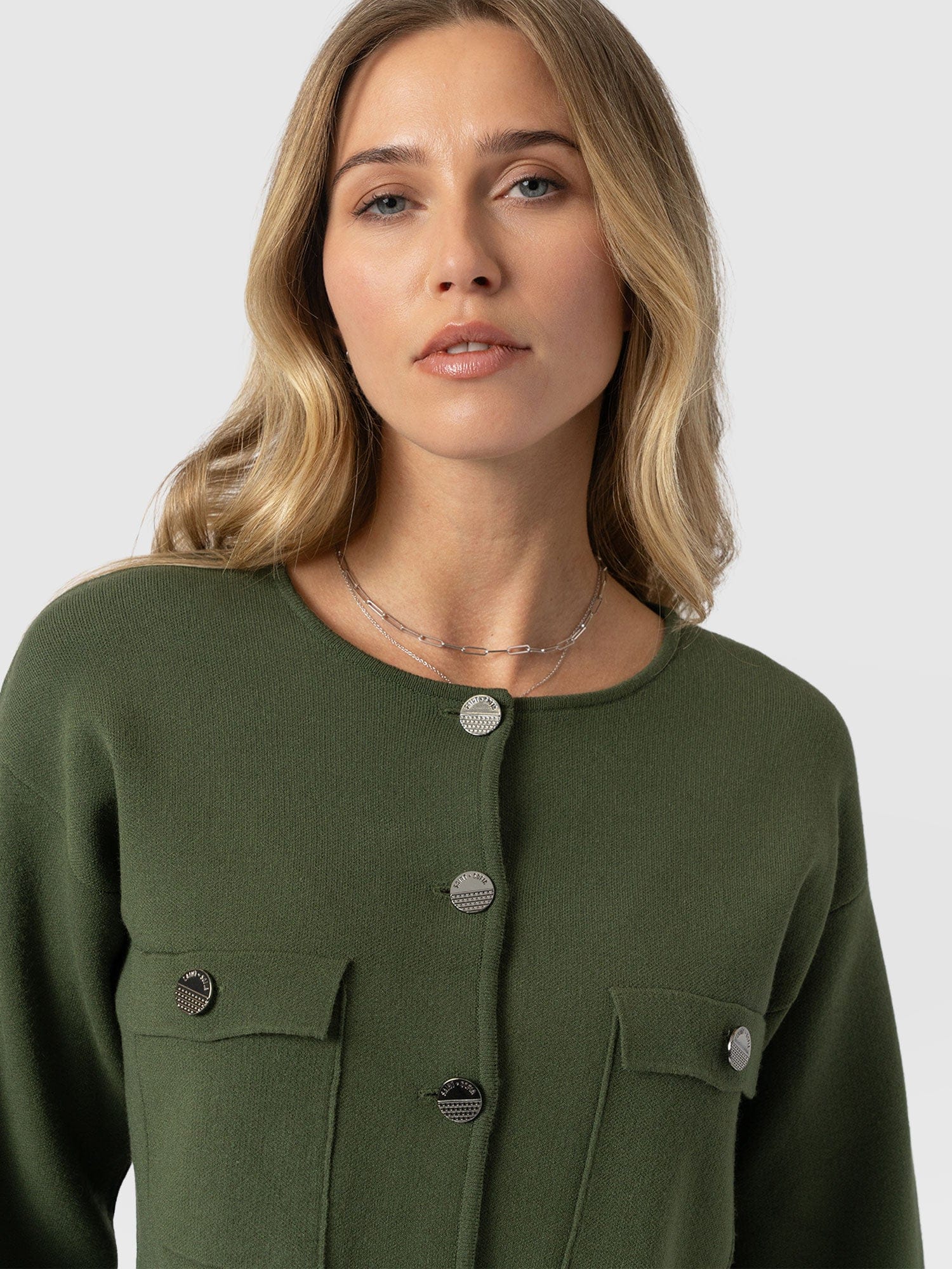 Maeva Knit Jacket - Khaki - Women's Knitwears | Saint + Sofia® UK