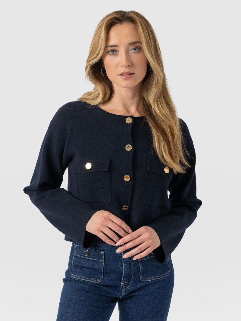 Maeva Knit Jacket Navy - Women's Jacket | Saint + Sofia® UK