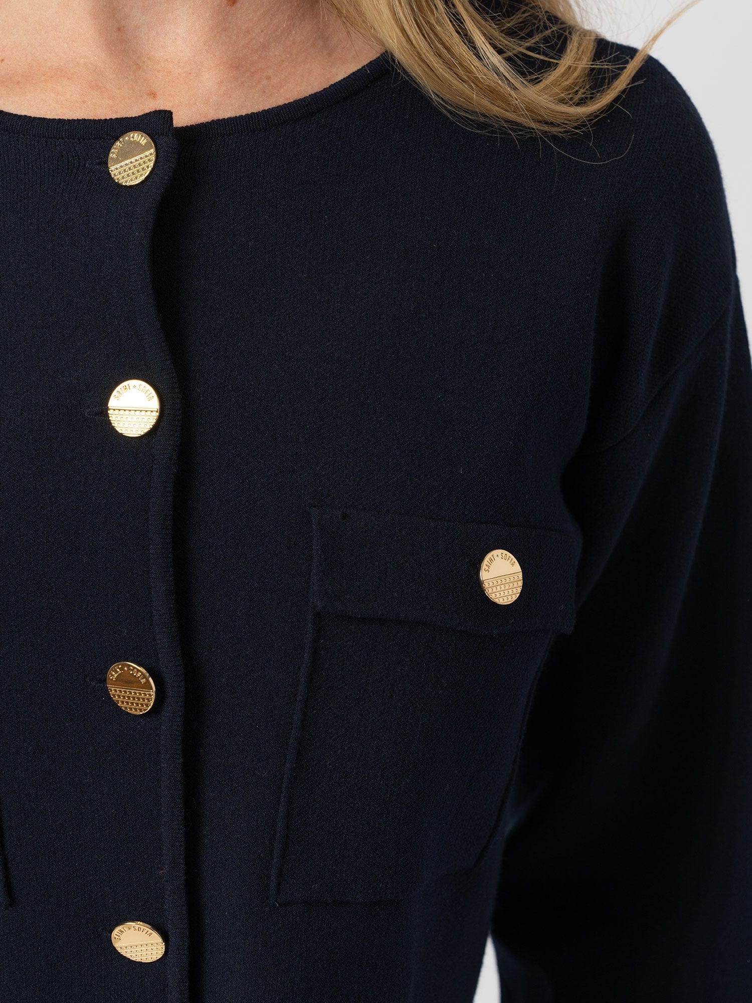 Maeva Knit Jacket Navy - Women's Jacket | Saint + Sofia® UK