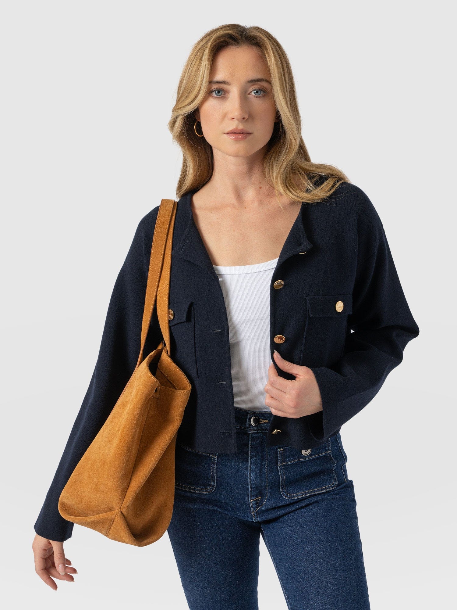 Maeva Knit Jacket Navy - Women's Jacket | Saint + Sofia® UK