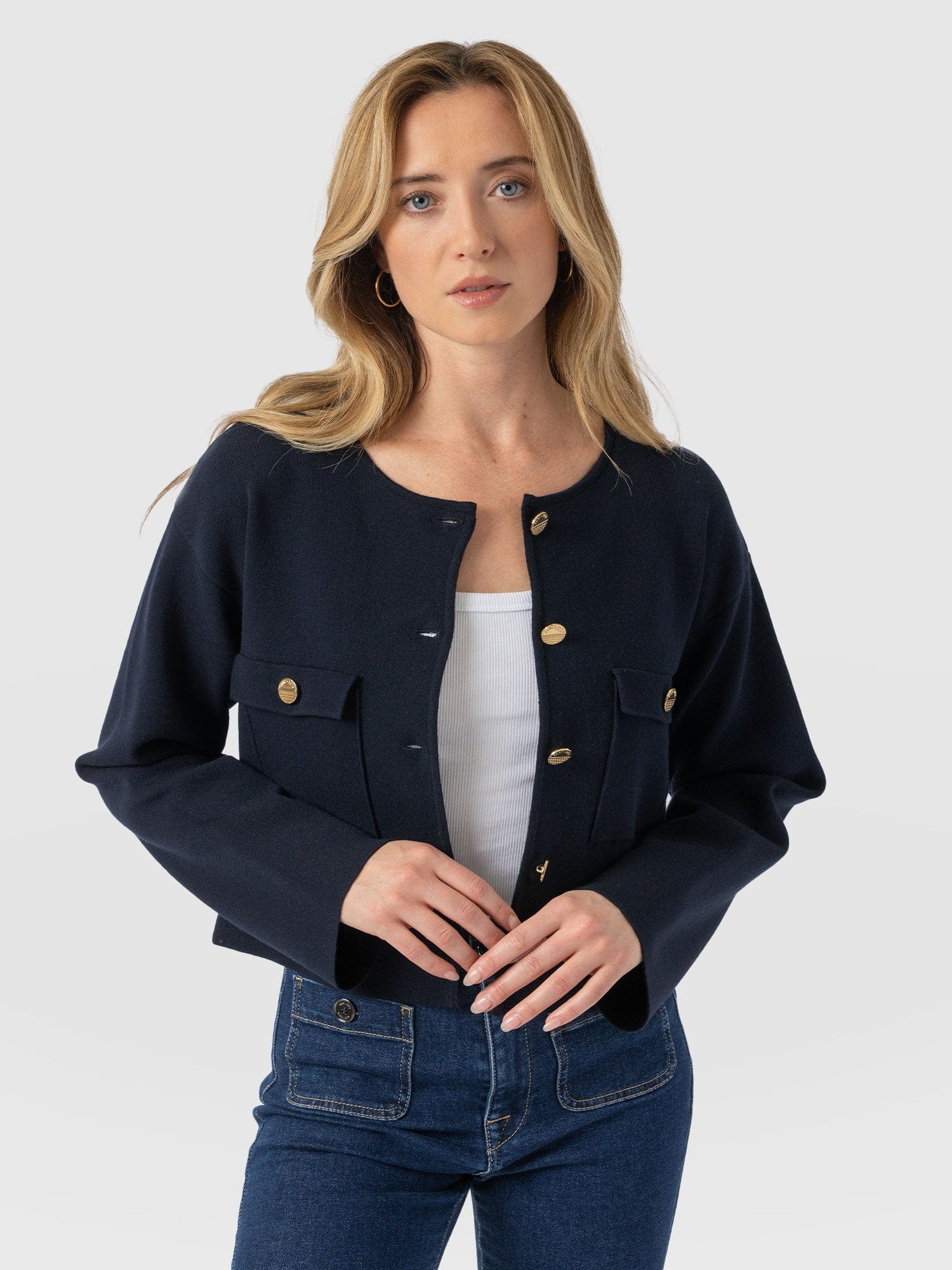 Maeva Knit Jacket Navy - Women's Jacket | Saint + Sofia® UK