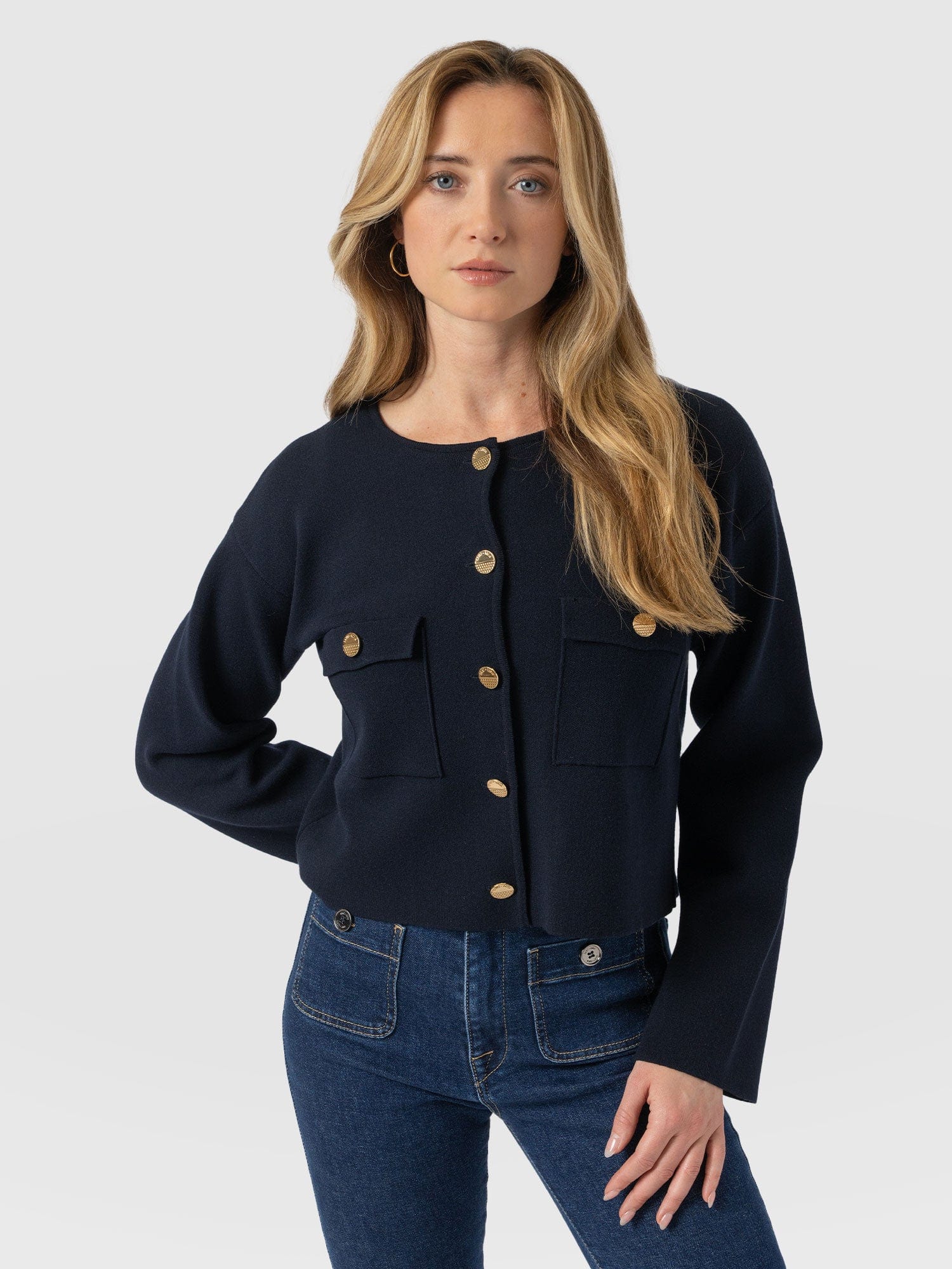 Maeva Knit Jacket Navy - Women's Jacket | Saint + Sofia® UK