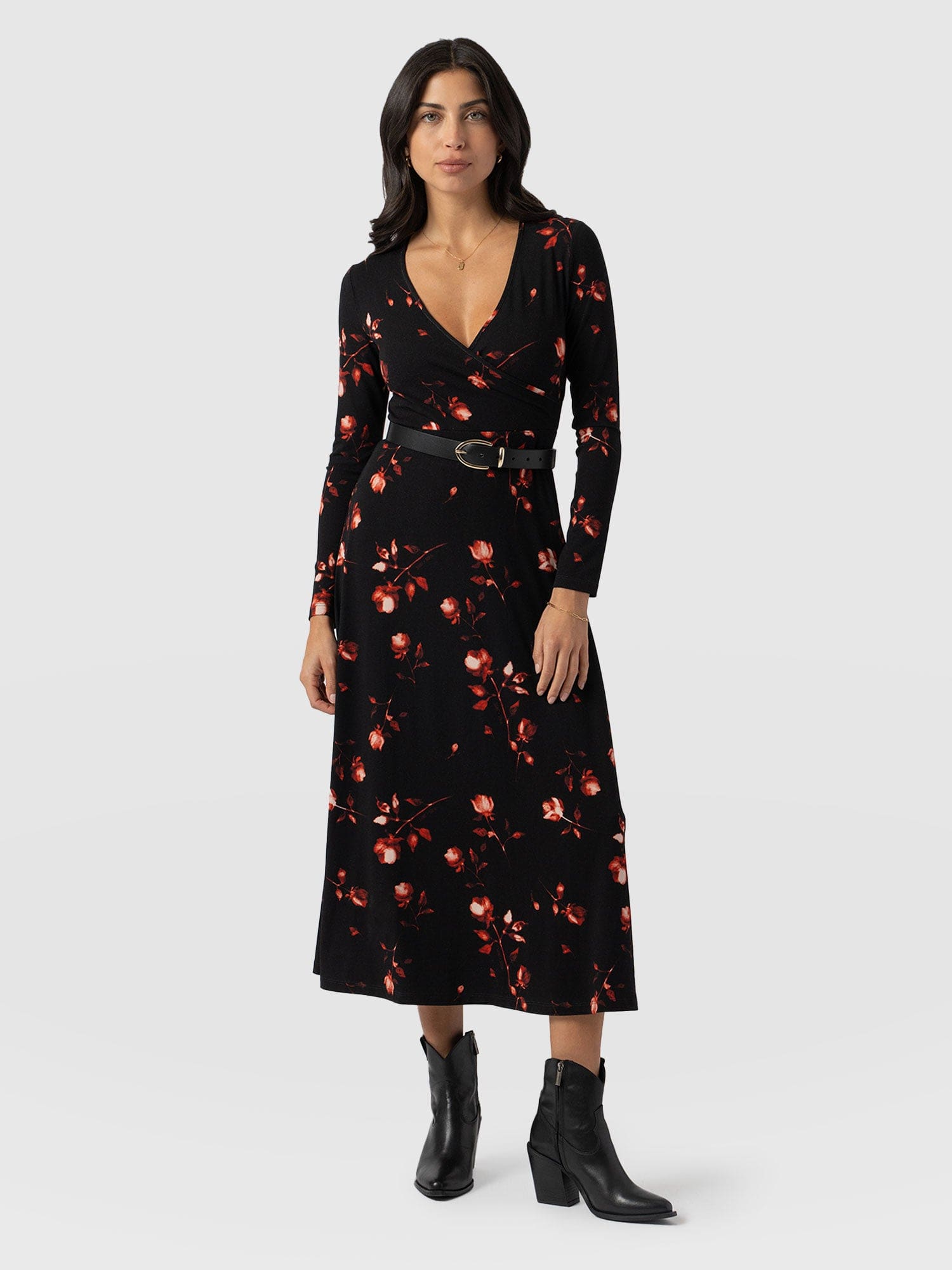 Maggie Wrap Midi Dress Dark Roses - Women's Dresses | Saint + Sofia® UK
