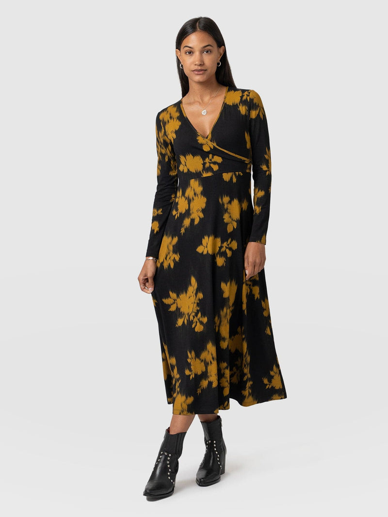 Maggie Wrap Midi Dress Yellow Fade Floral - Women's Dresses | Saint + Sofia® UK