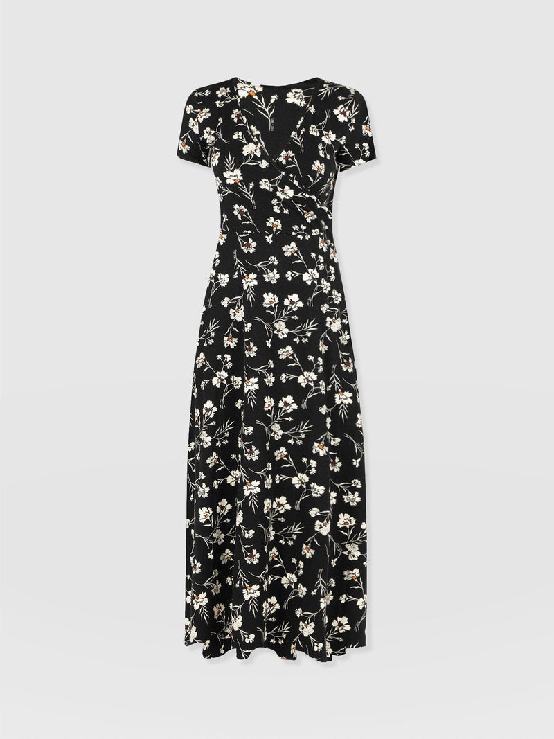 Maggie Wrap Short Sleeve Midi Dress  - Black Spring Floral