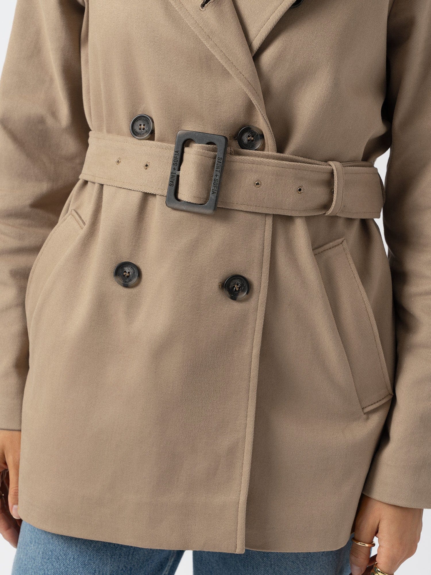 Marion Double Breasted Short Trench - Beige - Women's Outerwears | Saint + Sofia® UK