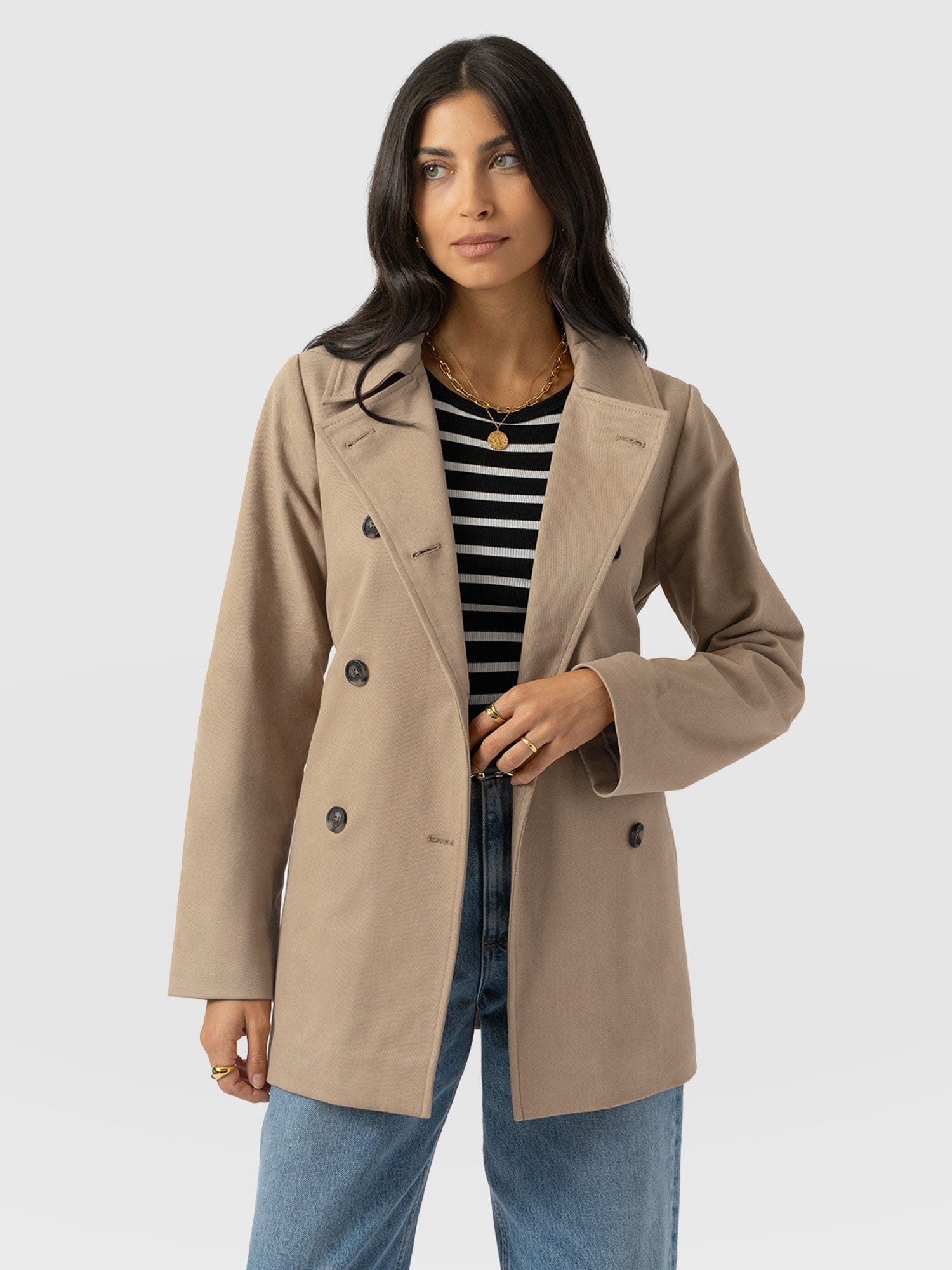 Marion Double Breasted Short Trench - Beige - Women's Outerwears | Saint + Sofia® UK