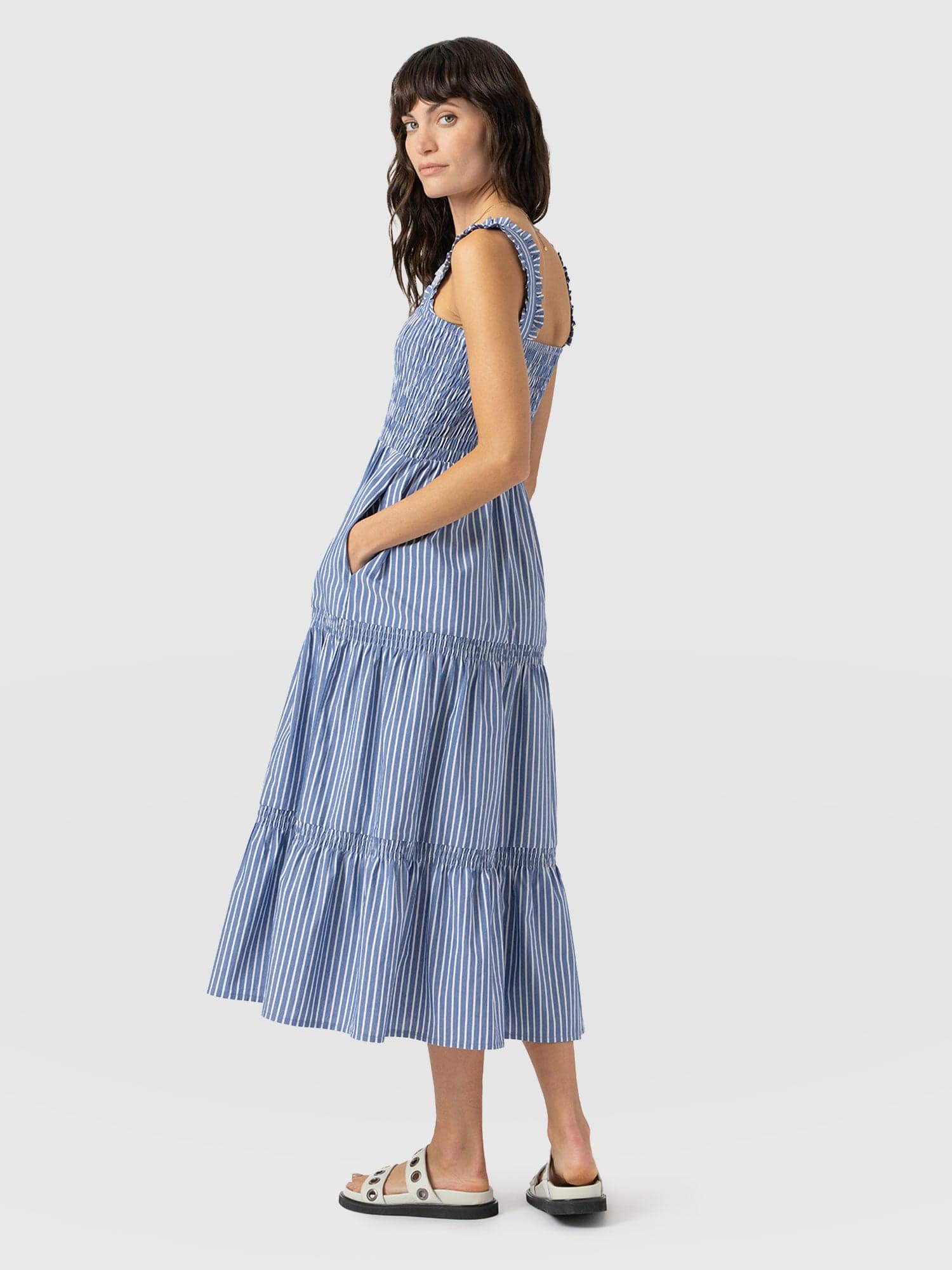 Maya Shirring Dress - Blue Stripe - Women's Dresses | Saint + Sofia® UK