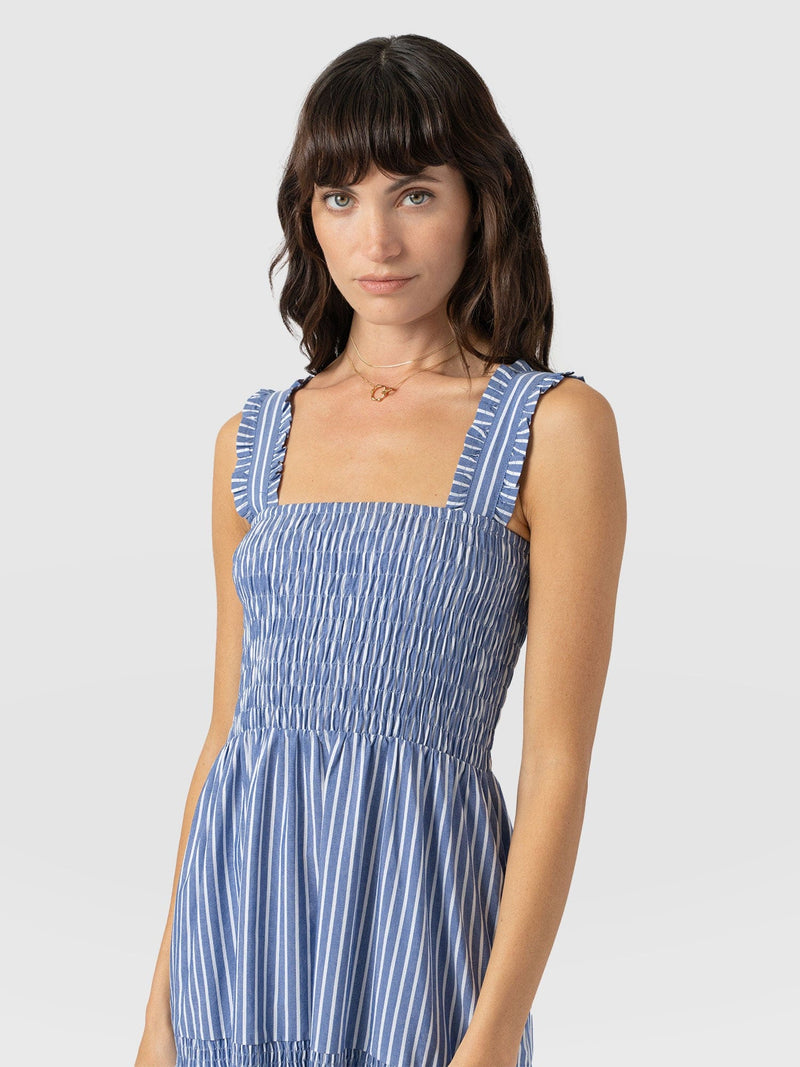 Maya Shirring Dress - Blue Stripe - Women's Dresses | Saint + Sofia® UK