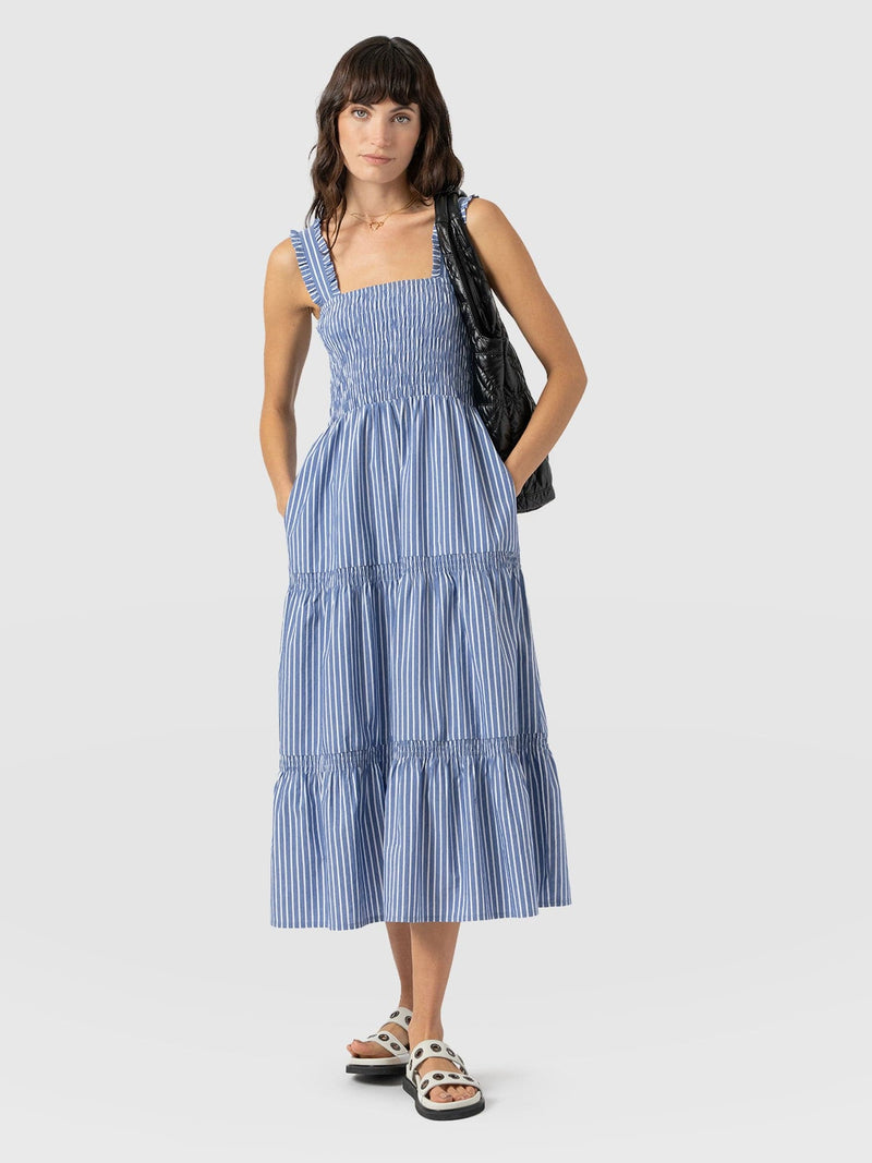 Maya Shirring Dress - Blue Stripe - Women's Dresses | Saint + Sofia® UK
