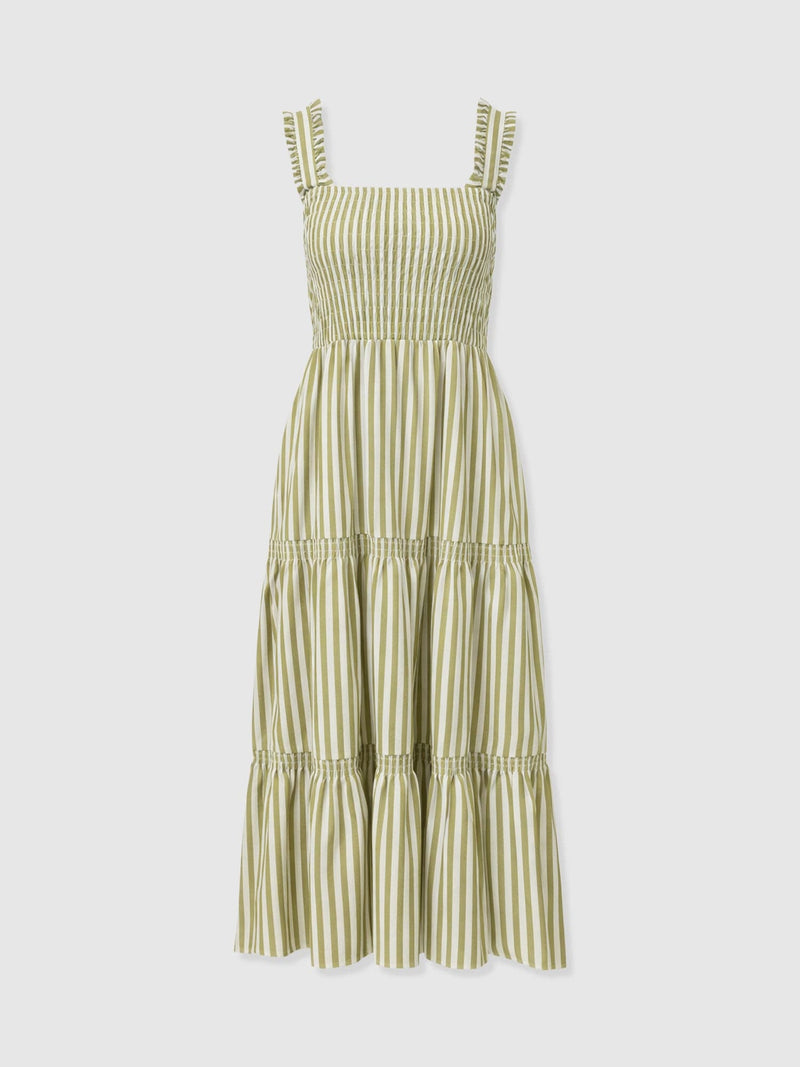Maya Shirring Dress - Green Stripe - Women's Dresses | Saint and Sofia® UK