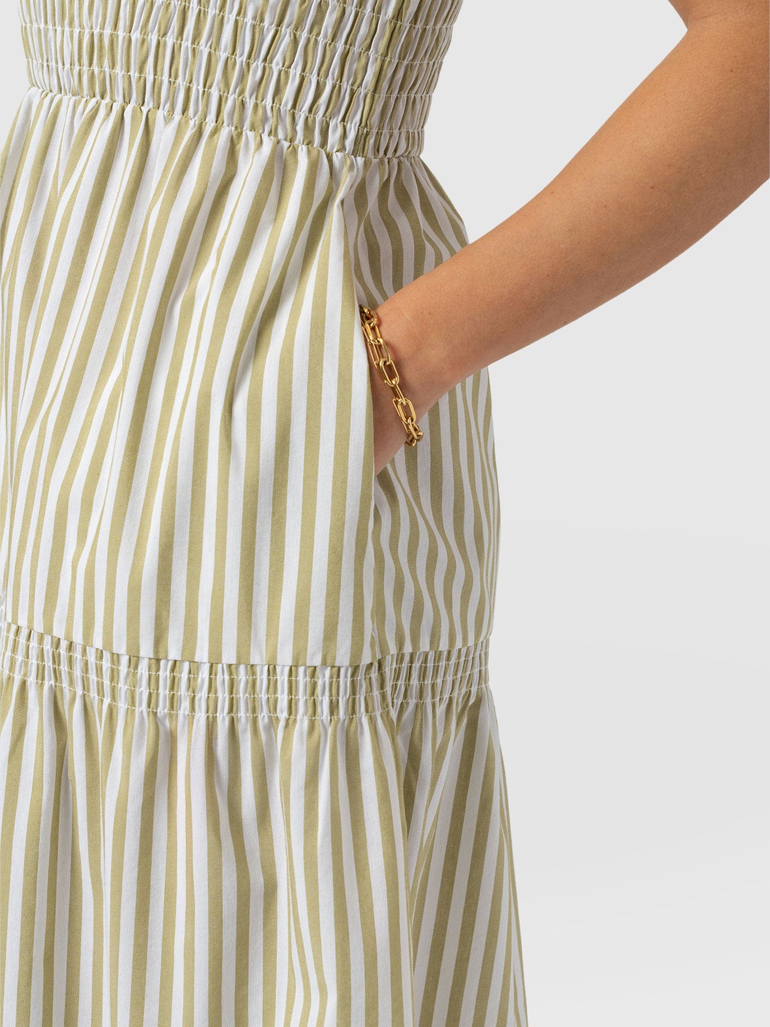 Maya Shirring Dress - Green Stripe - Women's Dresses | Saint and Sofia® UK