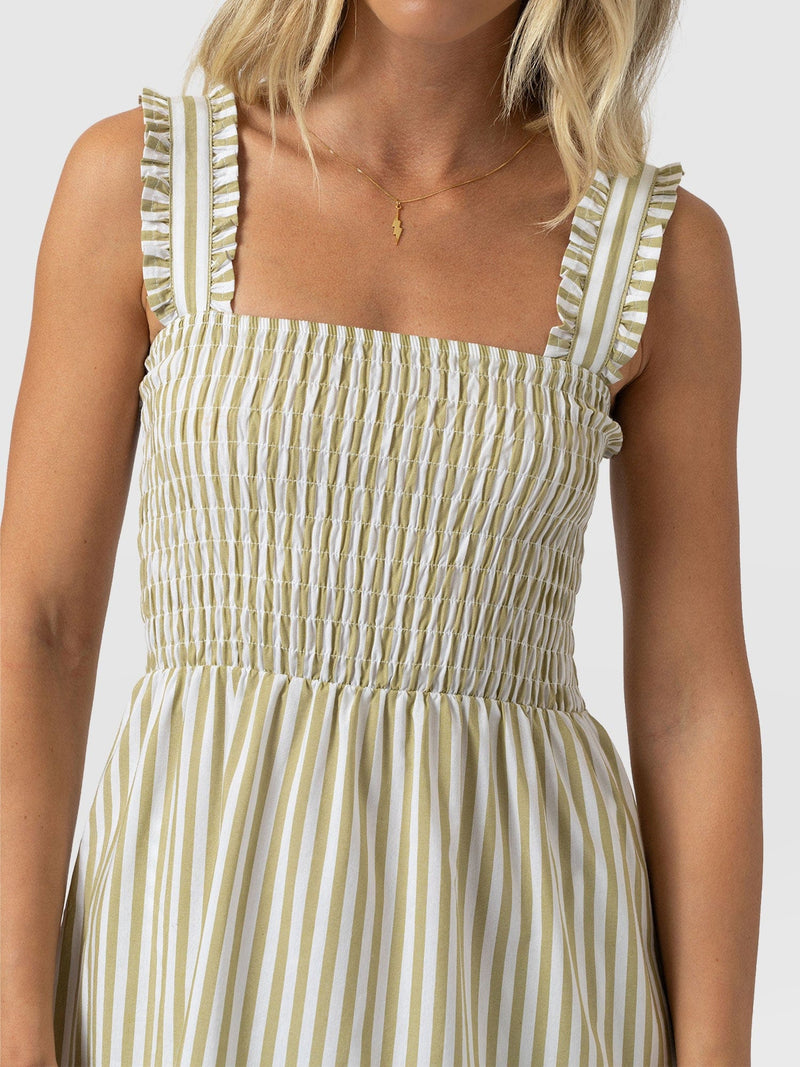 Maya Shirring Dress - Green Stripe - Women's Dresses | Saint and Sofia® UK