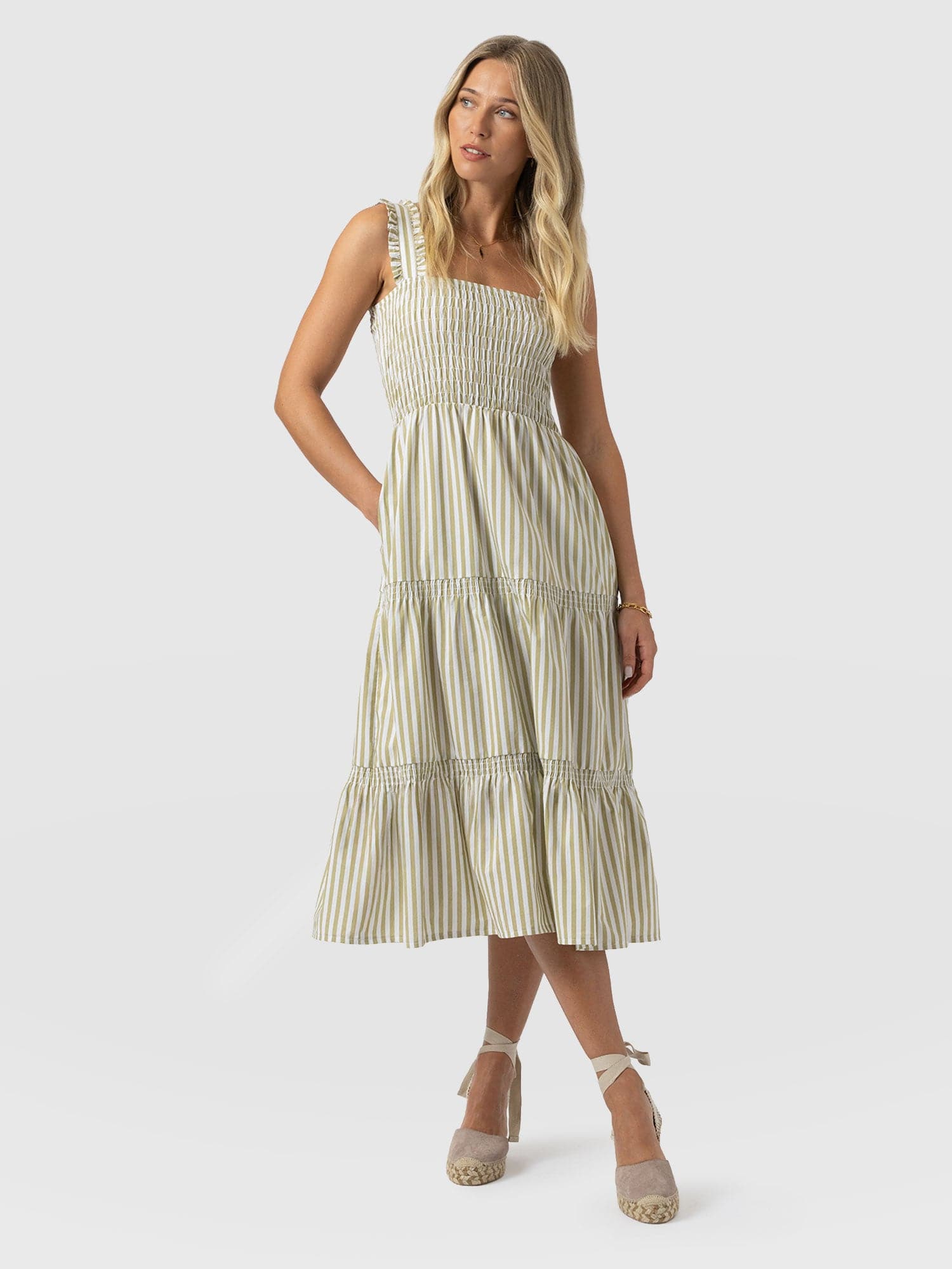 Maya Shirring Dress - Green Stripe
