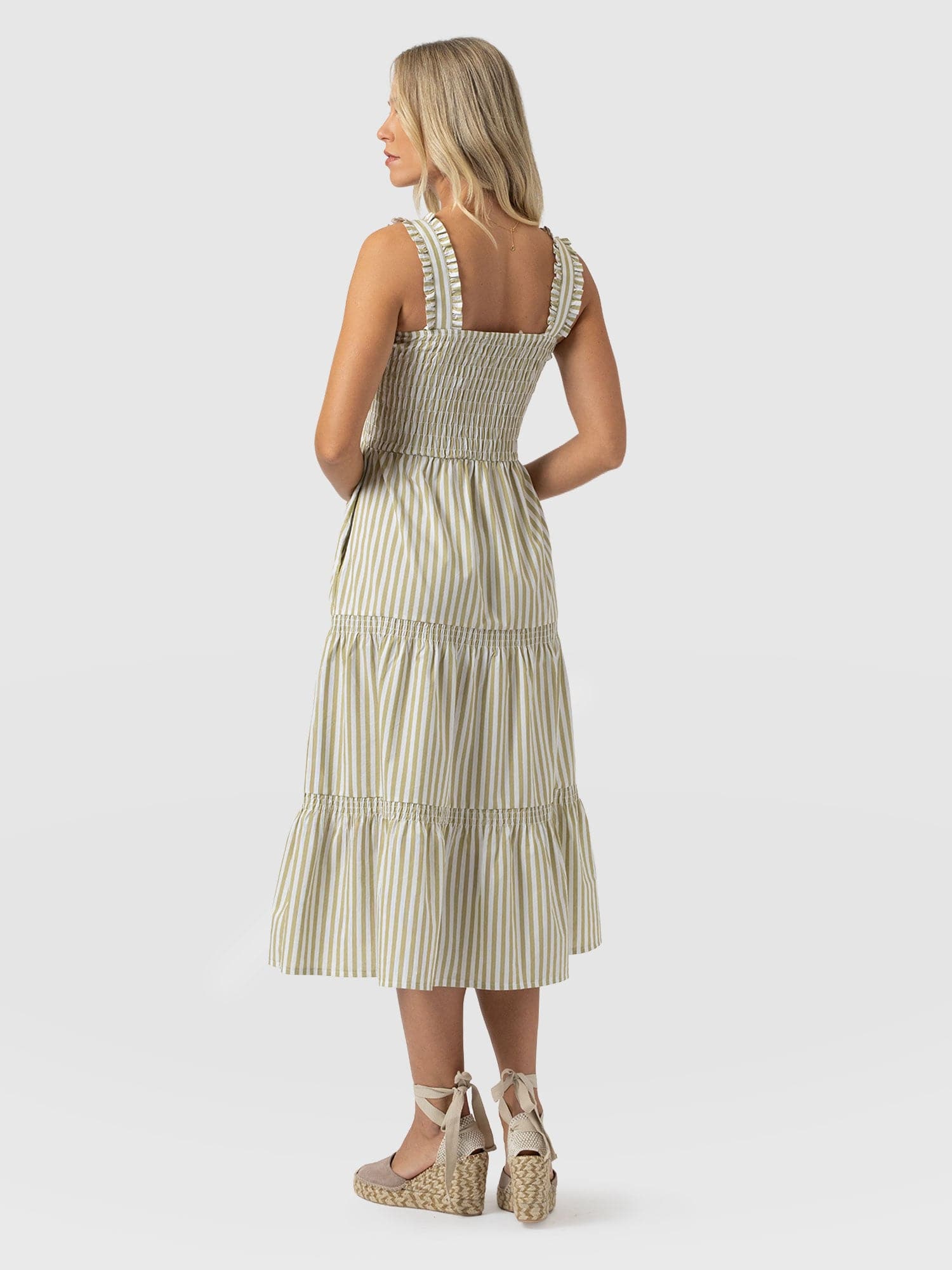 Maya Shirring Dress - Green Stripe - Women's Dresses | Saint and Sofia® UK