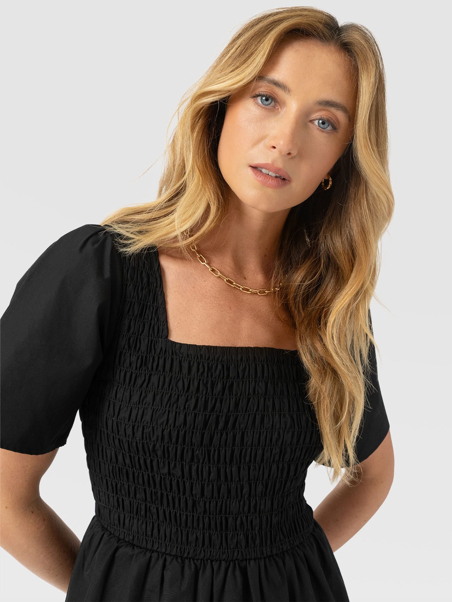 Maya Shirring Peplum Top - Black