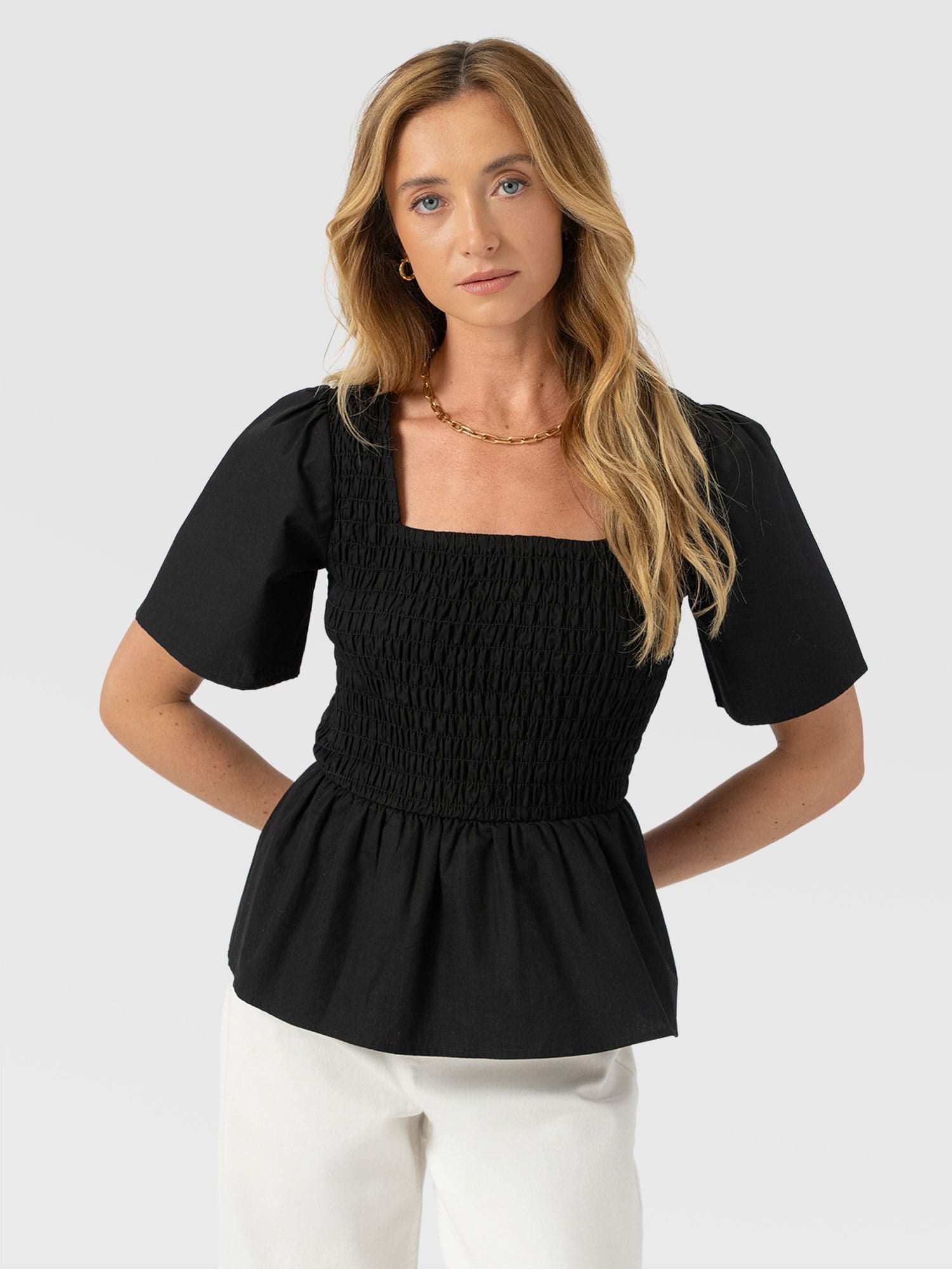 Maya Shirring Peplum Top - Black