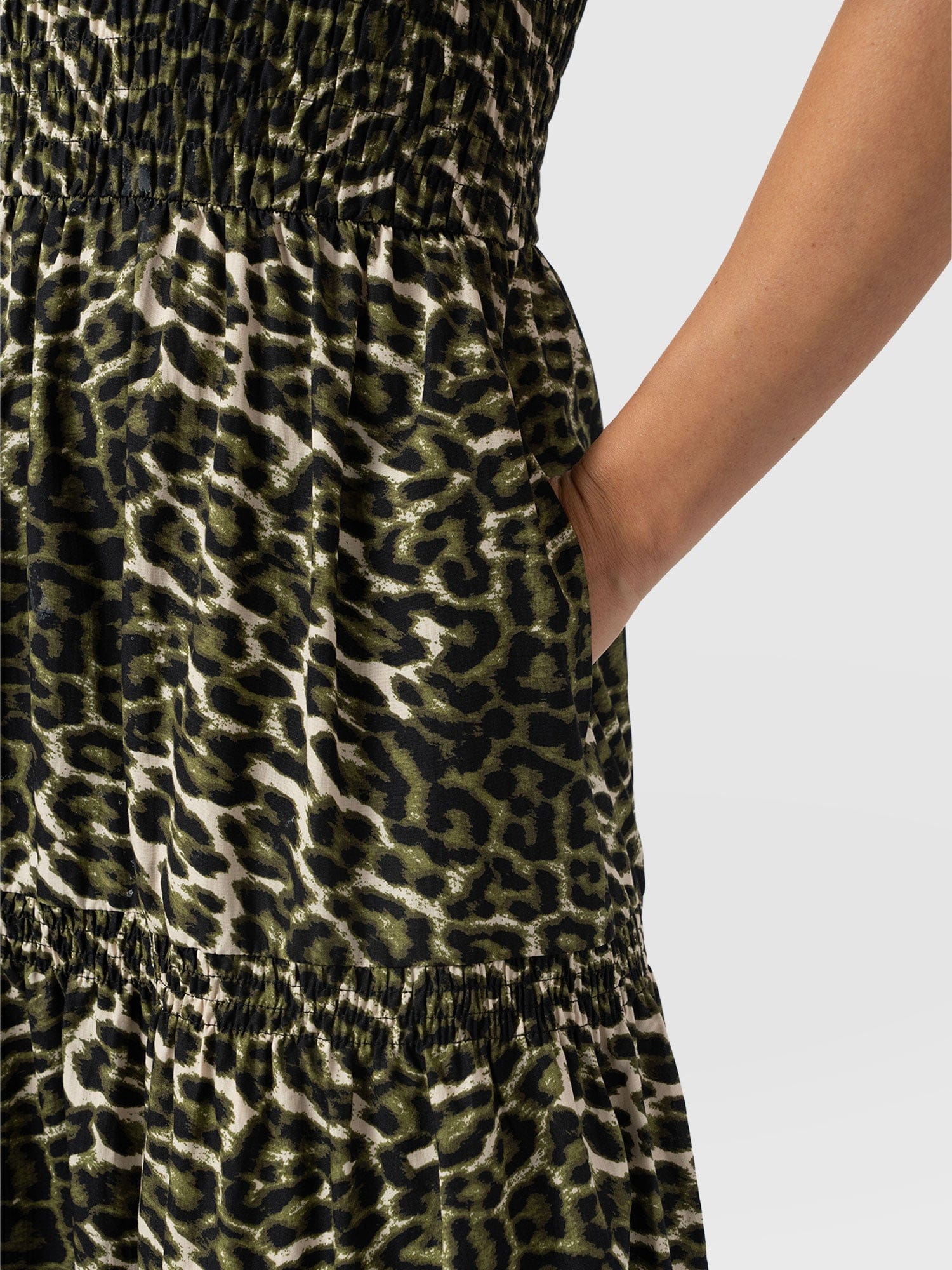 Maya Shirring Short Sleeve Dress - Green Leopard - Women's Dresses | Saint + Sofia® UK