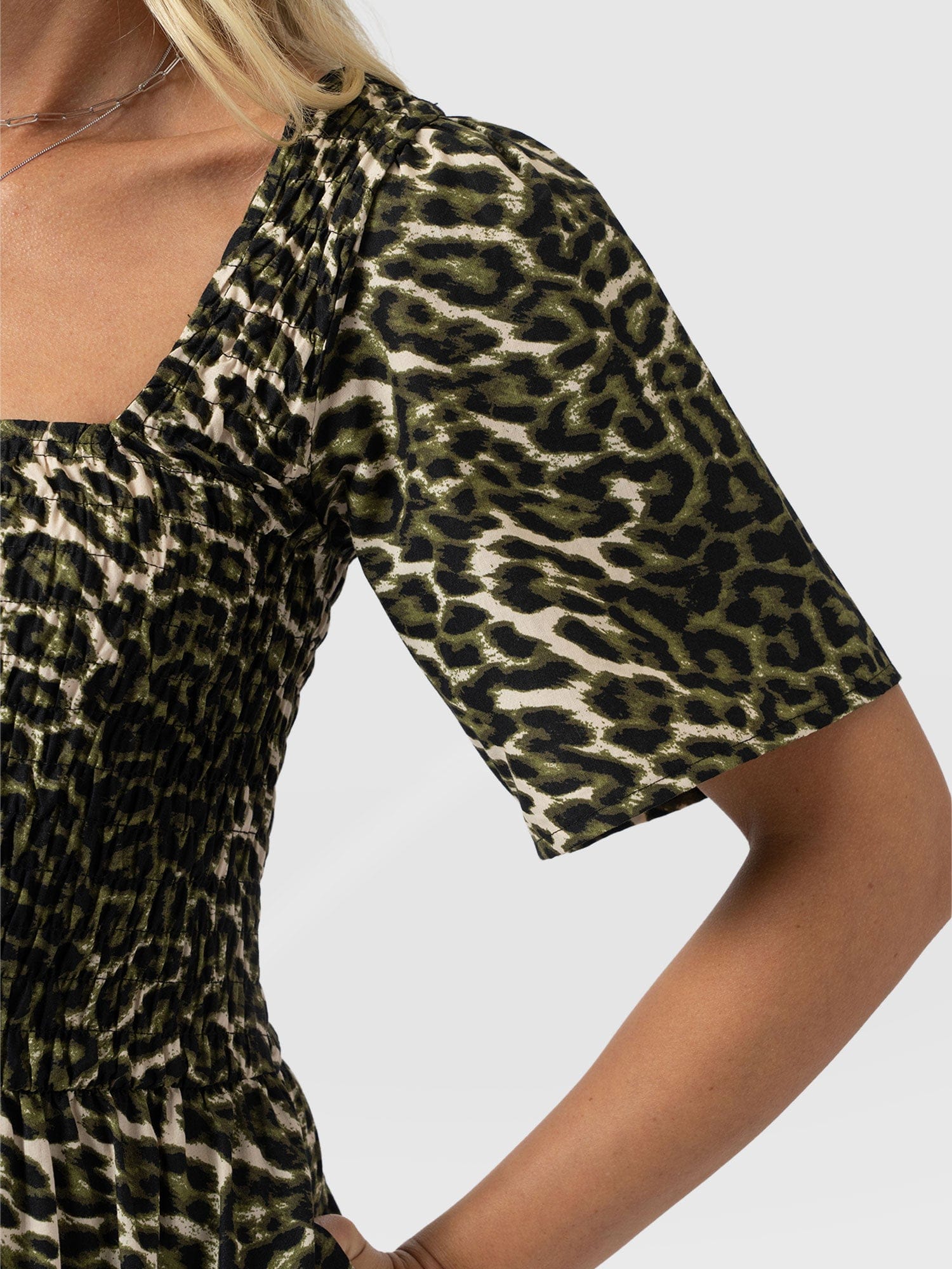 Maya Shirring Short Sleeve Dress - Green Leopard - Women's Dresses | Saint + Sofia® UK