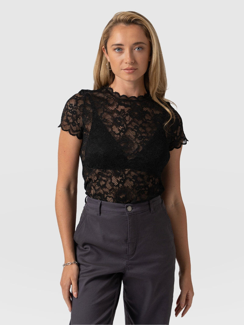 Miranda Lace Short Sleeve Tee Black - Women's T-shirts | Saint + Sofia® UK