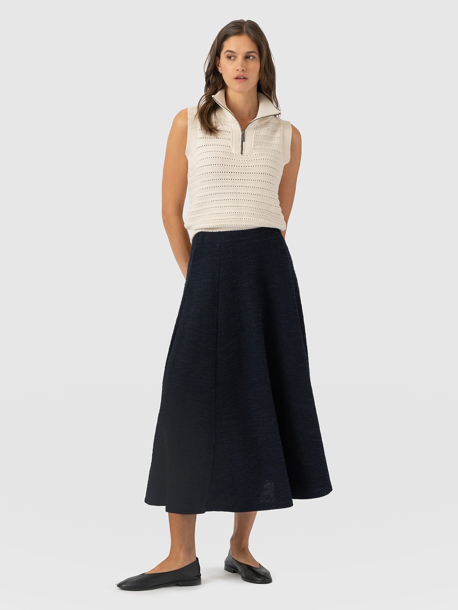 Neve Fit & Flare Skirt - Navy Boucle - Women's Skirts | Saint and Sofia® UK