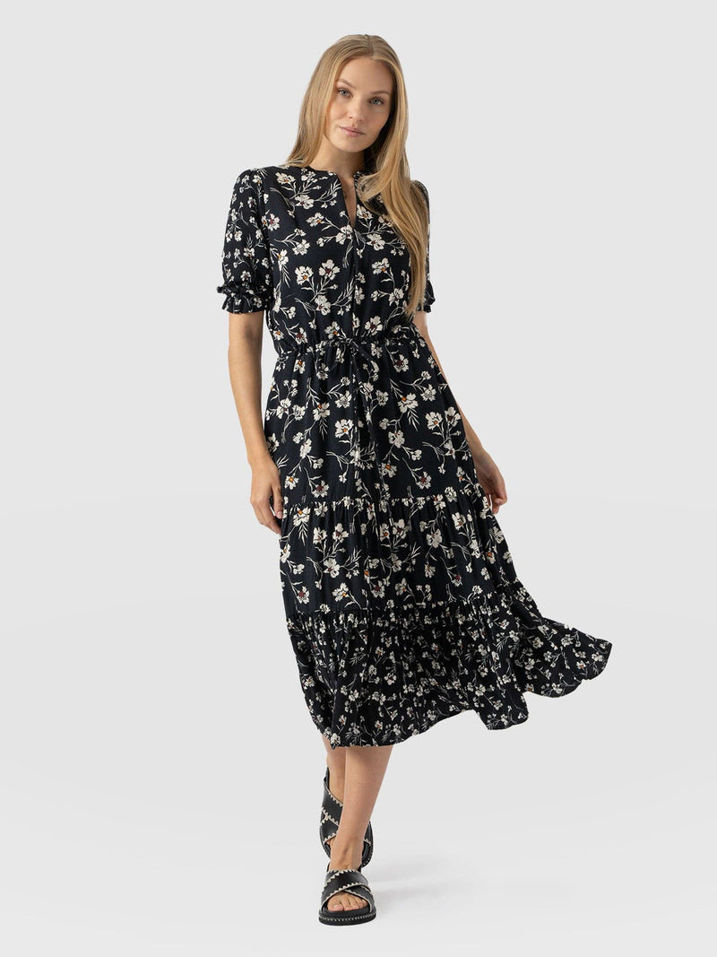 Olivia Zip Up Short Sleeve Dress - Black Spring Floral - Women's Dresss | Saint + Sofia® UK