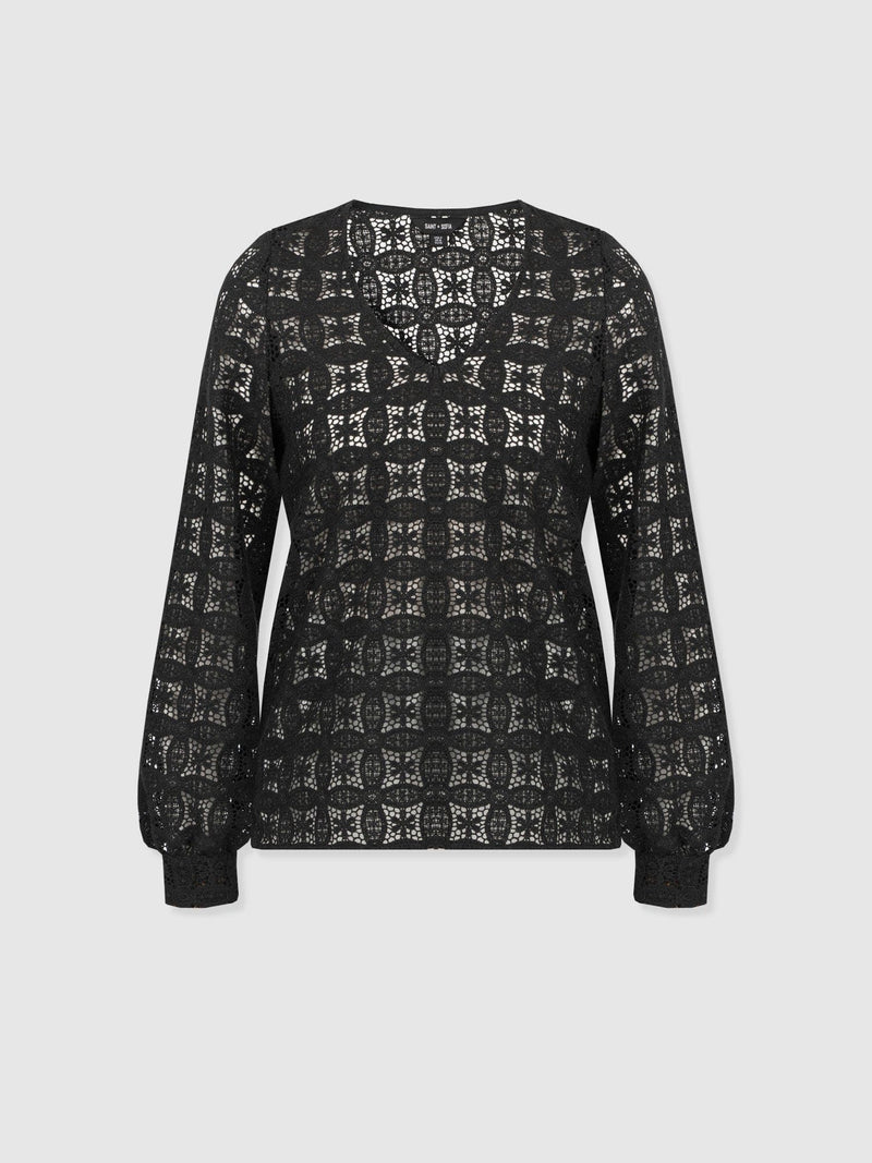 Ottilie V Neck Blouse - Black Broderie - Women's Blouses | Saint + Sofia® UK
