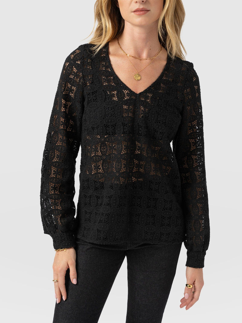 Ottilie V Neck Blouse - Black Broderie - Women's Blouses | Saint + Sofia® UK