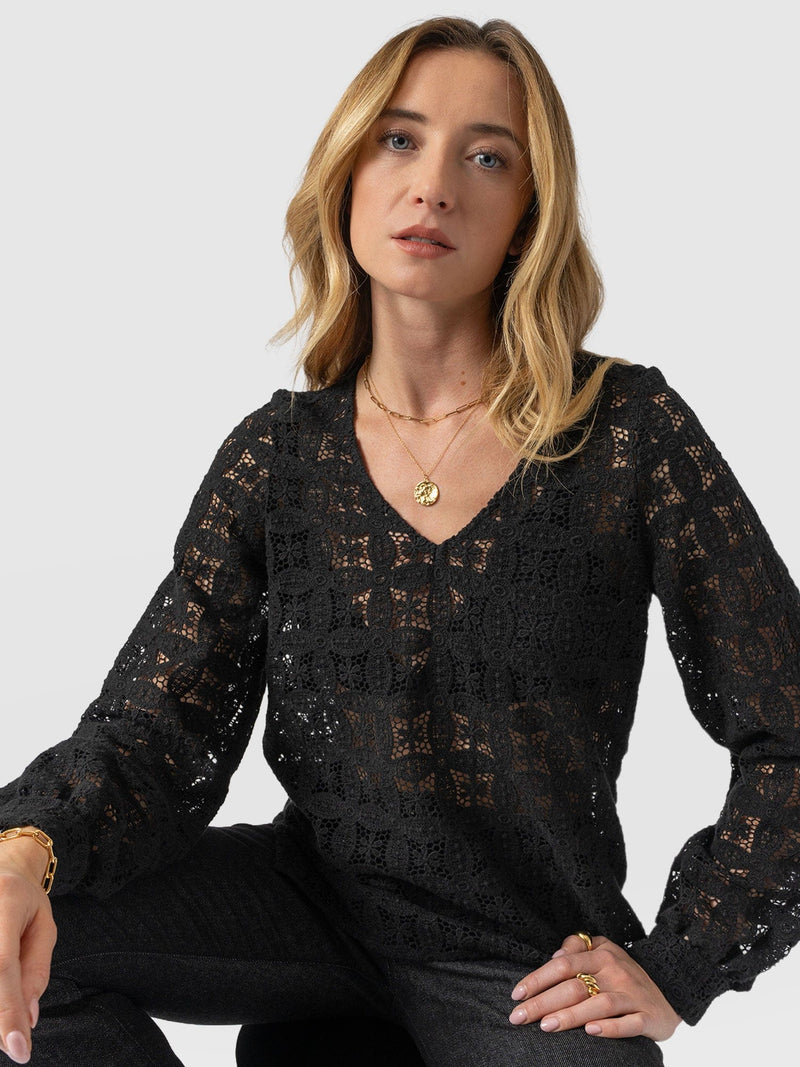 Ottilie V Neck Blouse - Black Broderie - Women's Blouses | Saint + Sofia® UK
