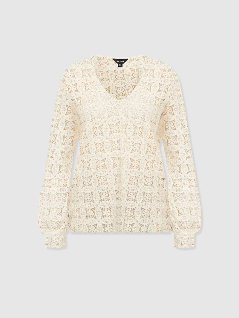 Ottilie V Neck Blouse - Cream Broderie - Women's Blouses | Saint + Sofia® UK